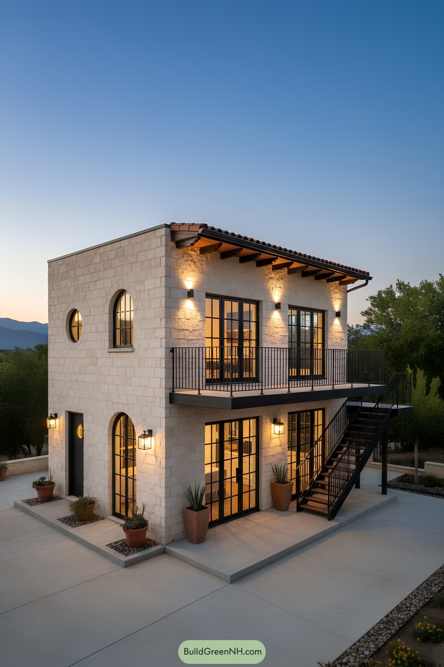 Two-story stone tiny house with iron balcony and external stair at dusk