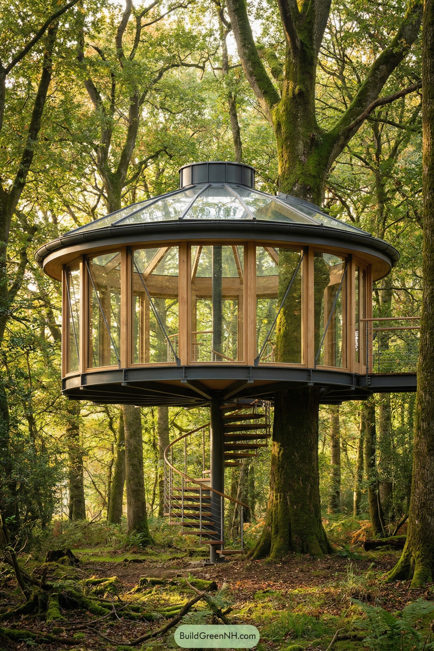 Round glass treehouse with spiral stair and clerestory