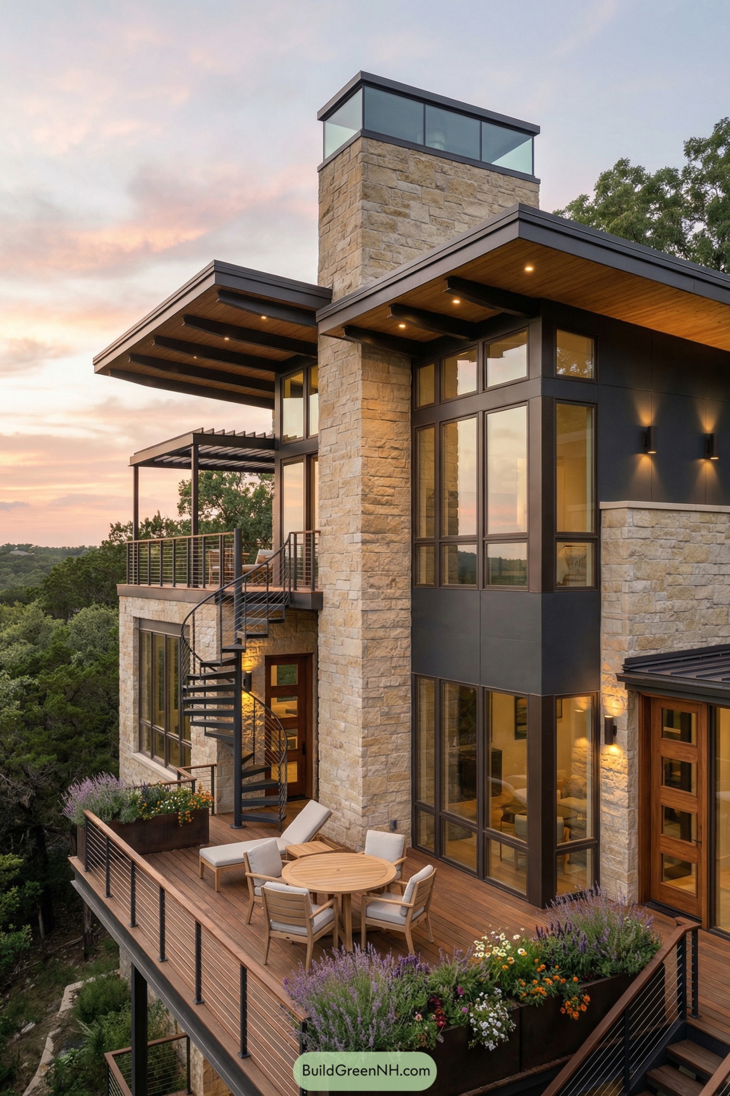 Modern treetop house with stone and glass