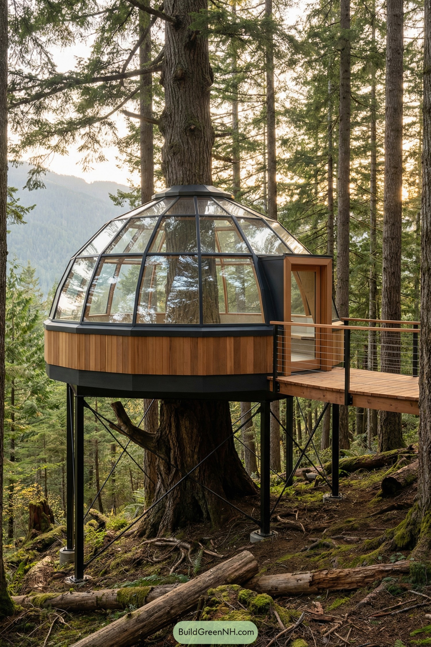 Glass-domed treetop pod with wood cladding and bridge entry