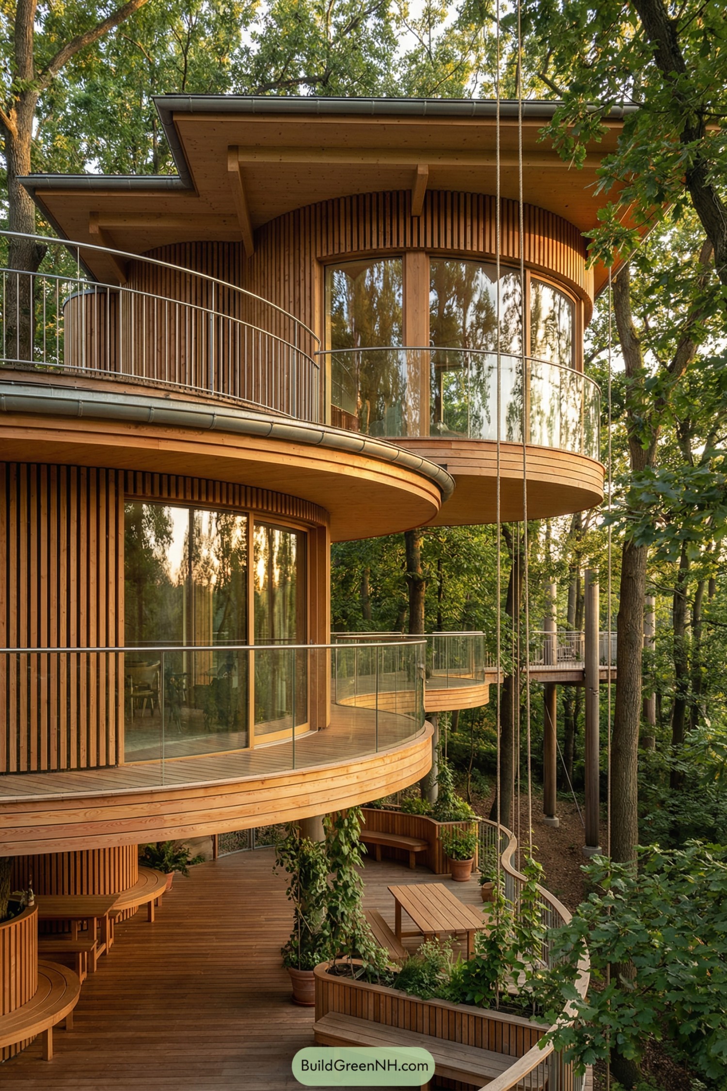Rounded wooden treetop house with glass railings and tiered decks