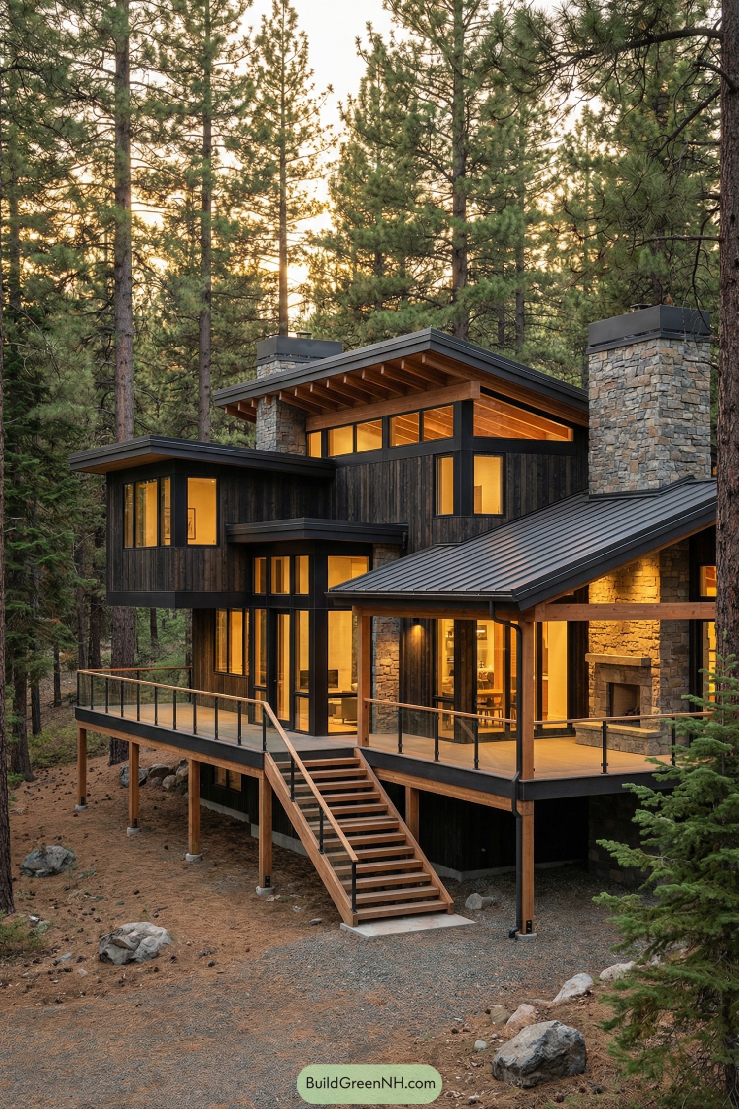 Modern treetop house with glass railings and stone chimneys among tall pines at dusk
