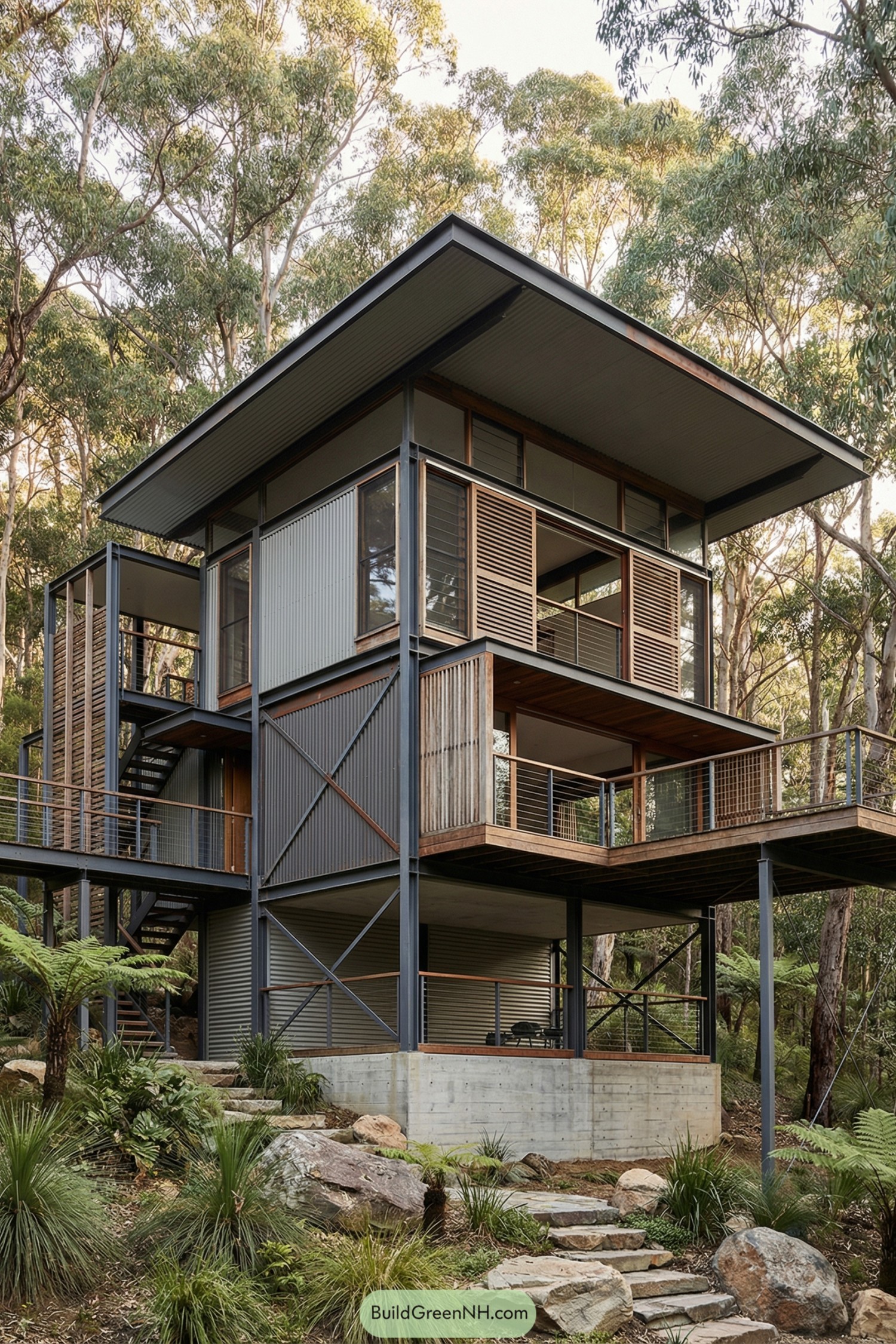 Modern treetop house with steel frame and wraparound decks