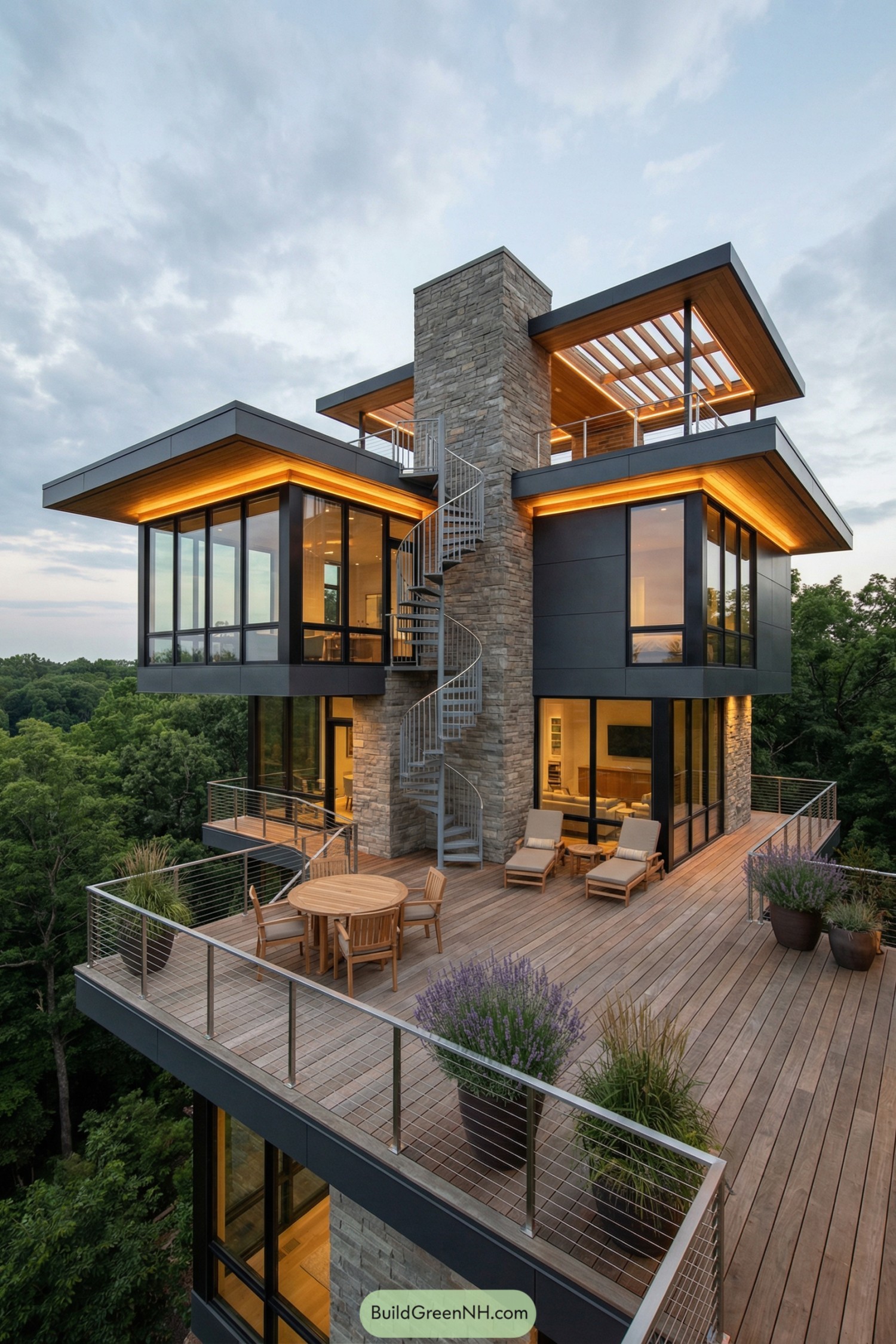 Modern treetop house with stone core, glass wings, and expansive wood deck