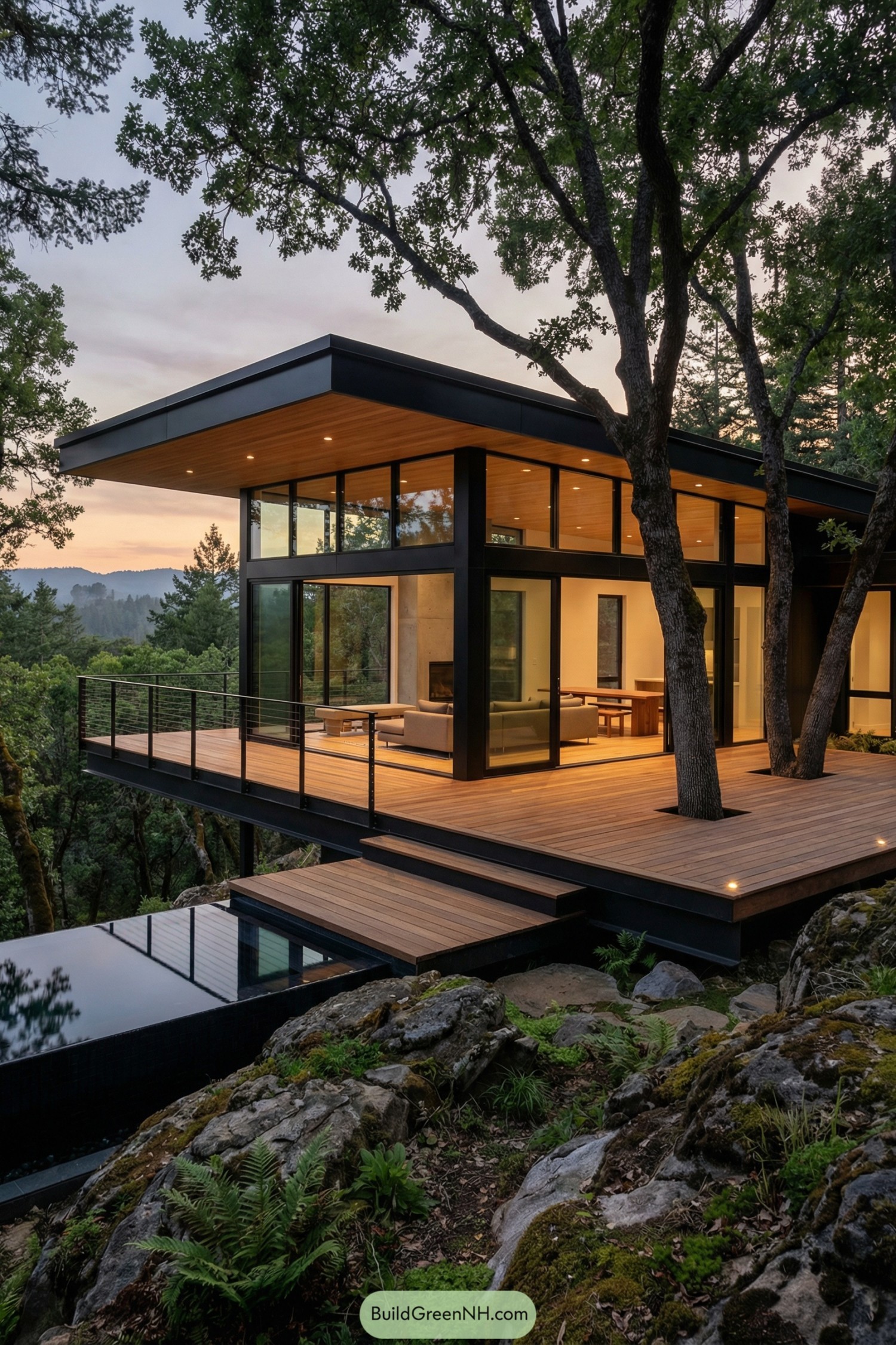 Modern treetop house with glass walls and wraparound deck