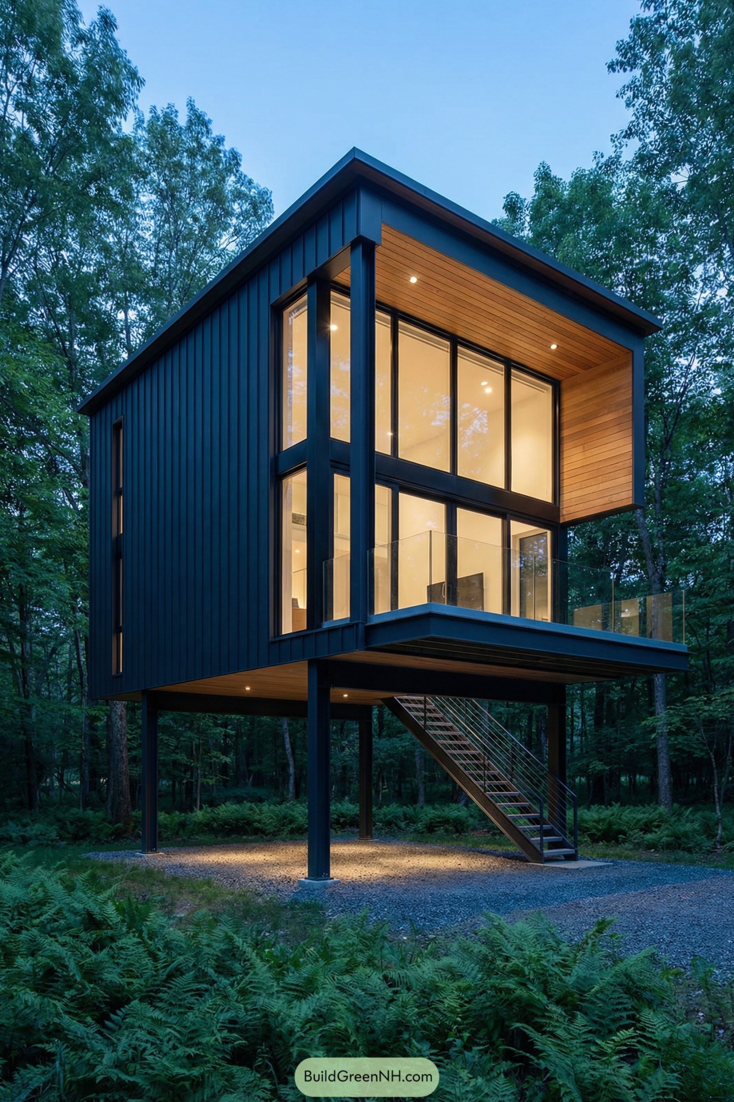 Elevated modern treehouse with steel frame and glass walls among ferns