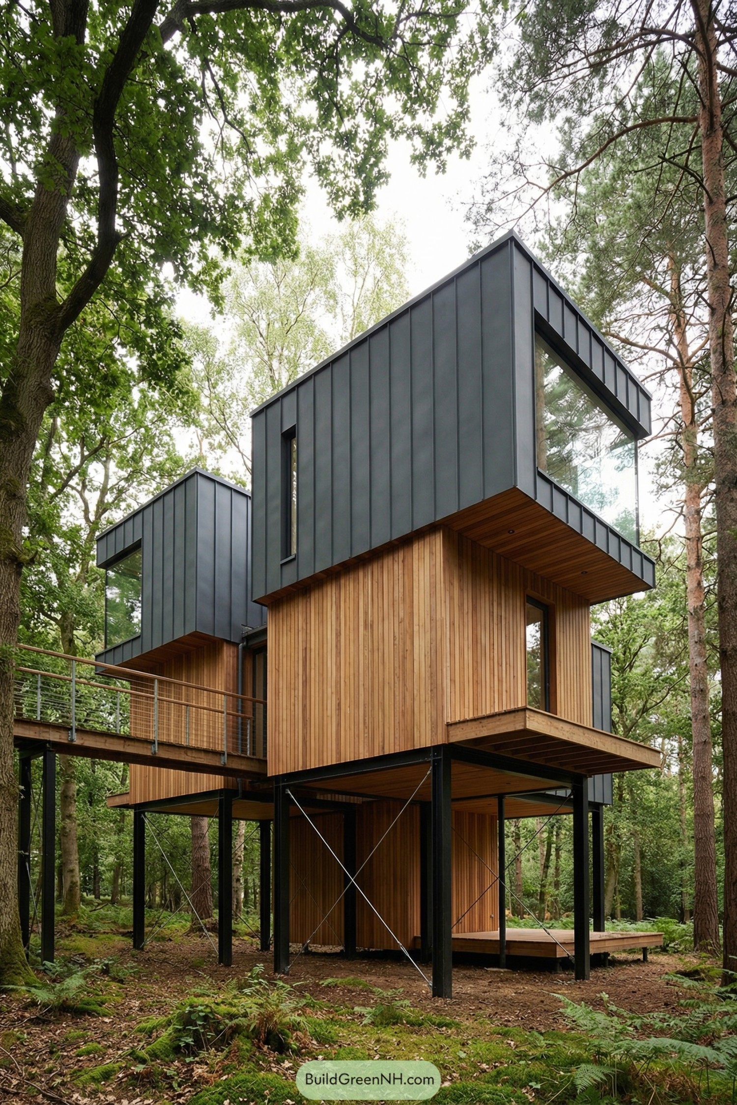 Modern treetop house with timber and steel