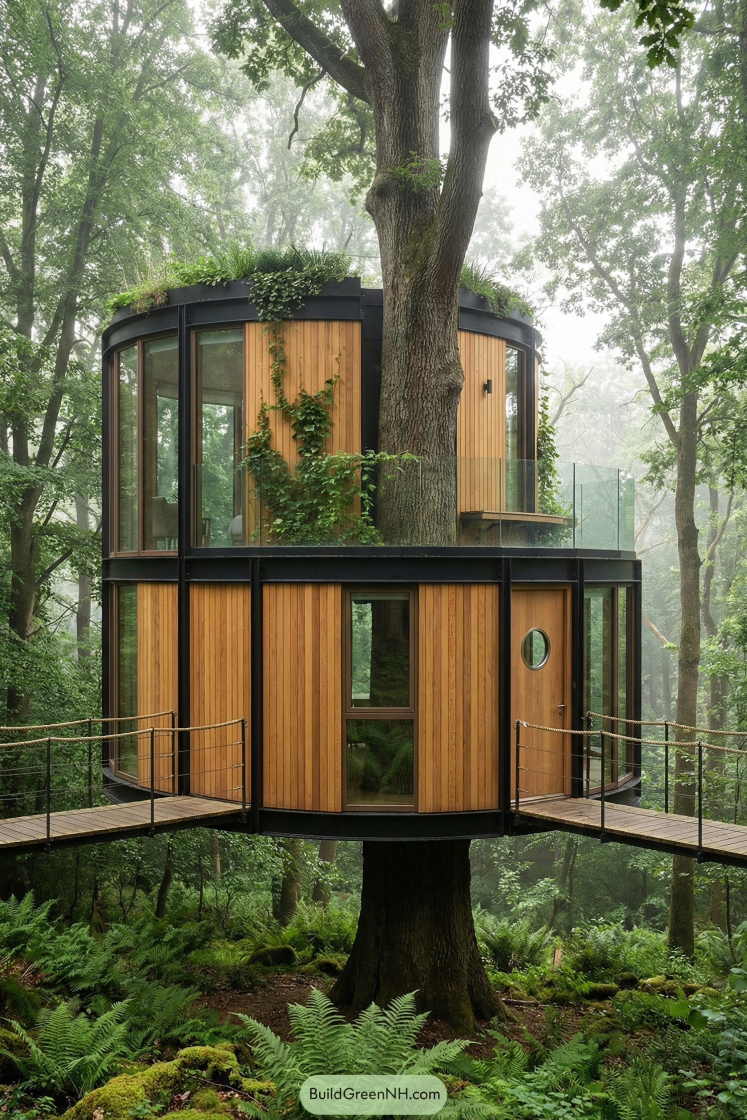 Circular two-level treetop house with cedar cladding, glass, and living roof amid misty forest
