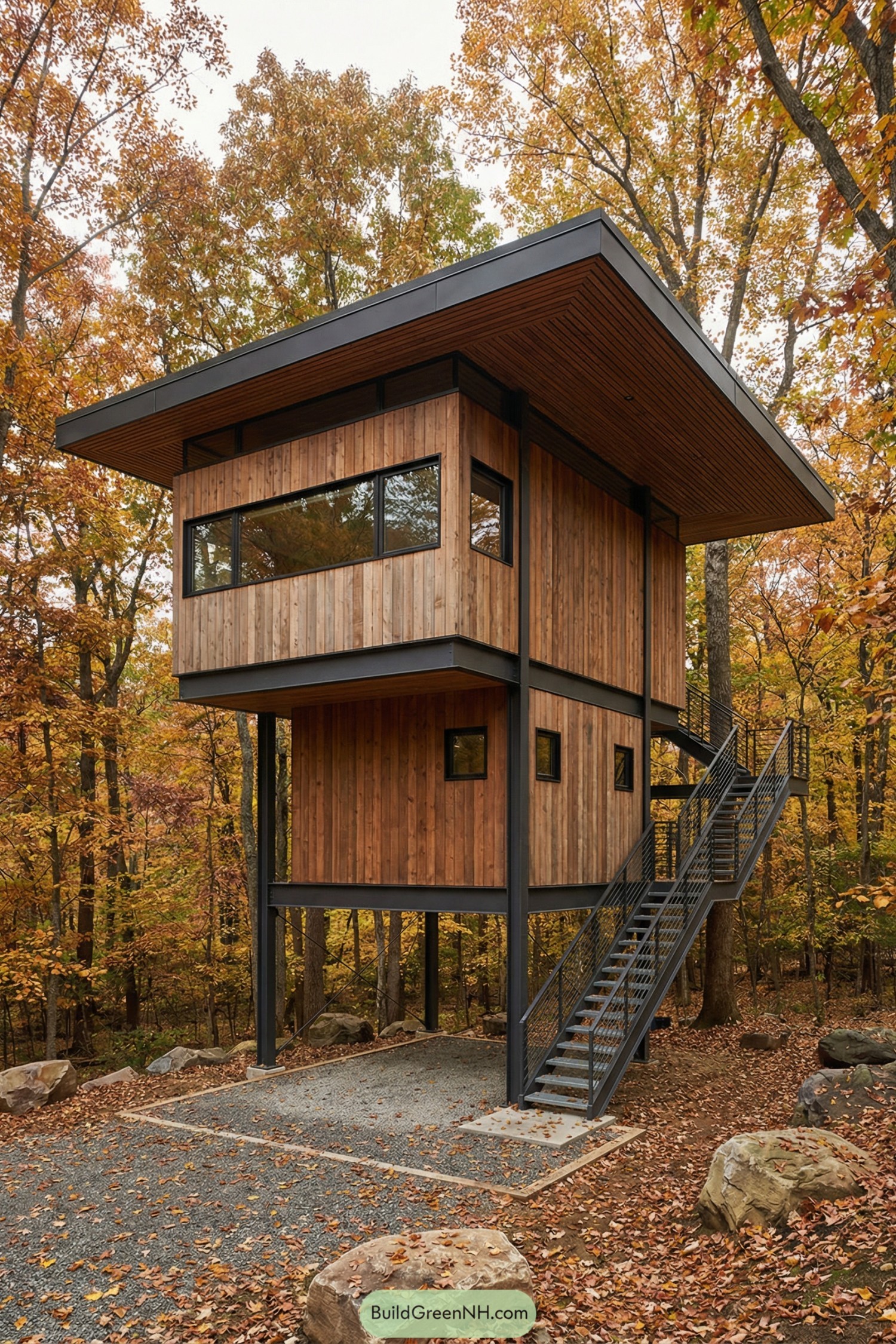 Modern stilted wooden treetop house with wide overhang roof and steel stair