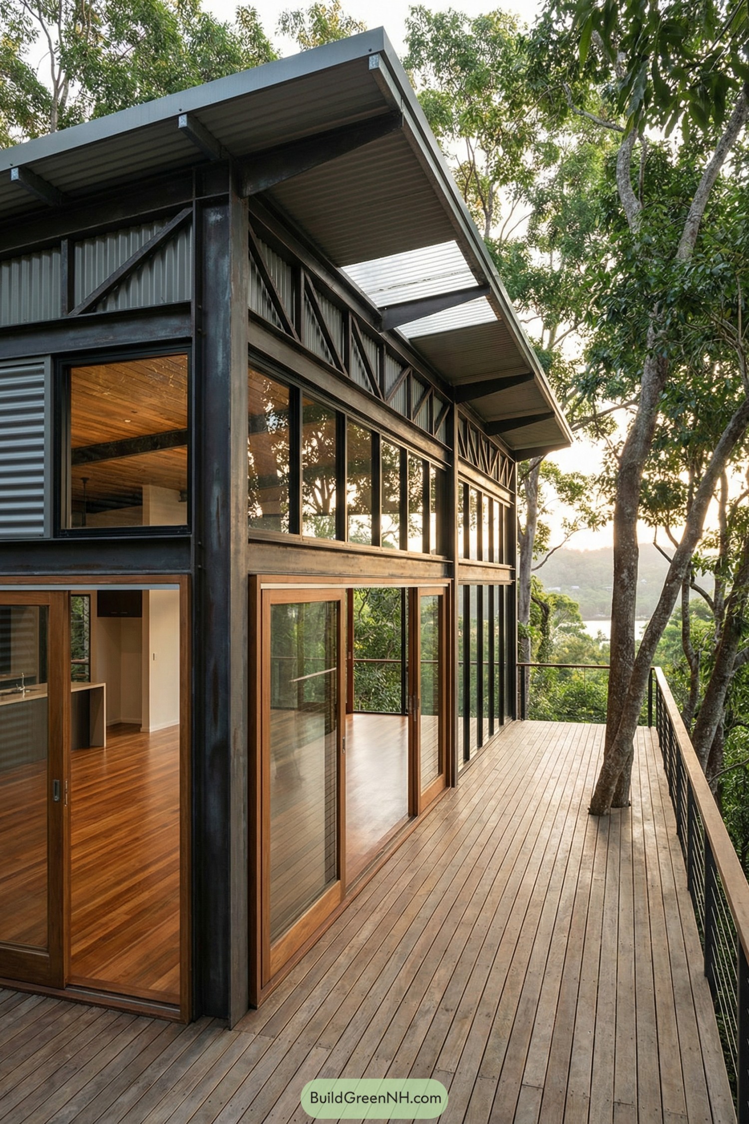 Steel and timber treetop home with wraparound deck