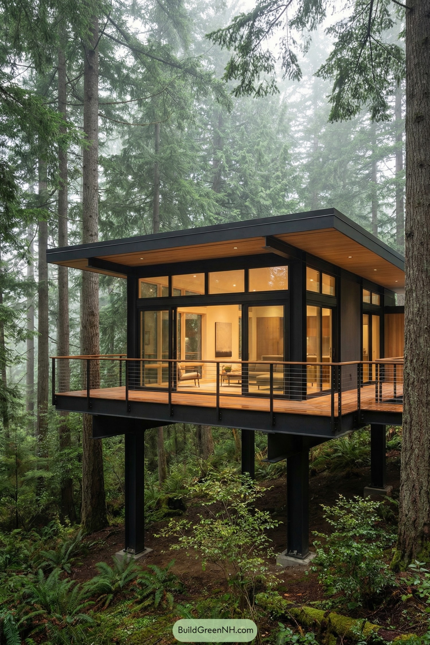 Modern treetop house with glass walls