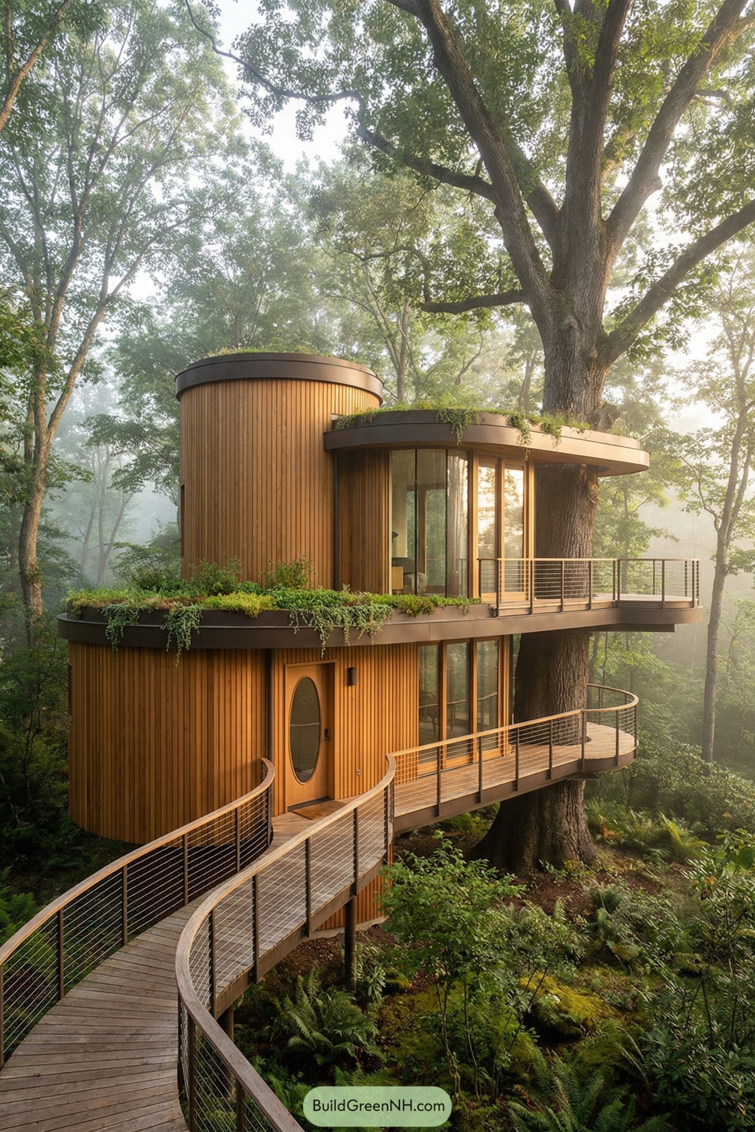 Curved cedar treetop house with wraparound decks and glass walls