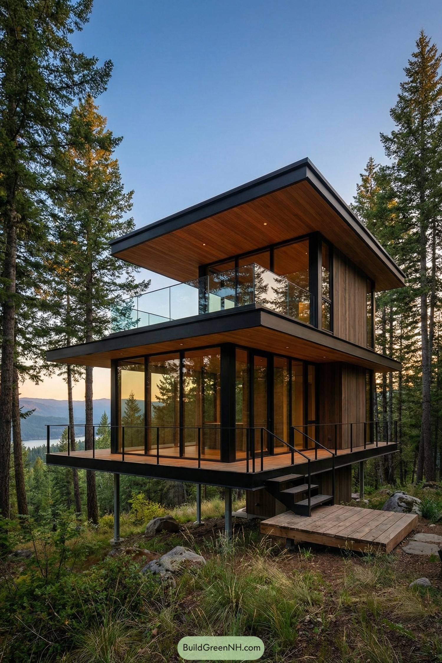 Modern treetop house with glass walls and terraces