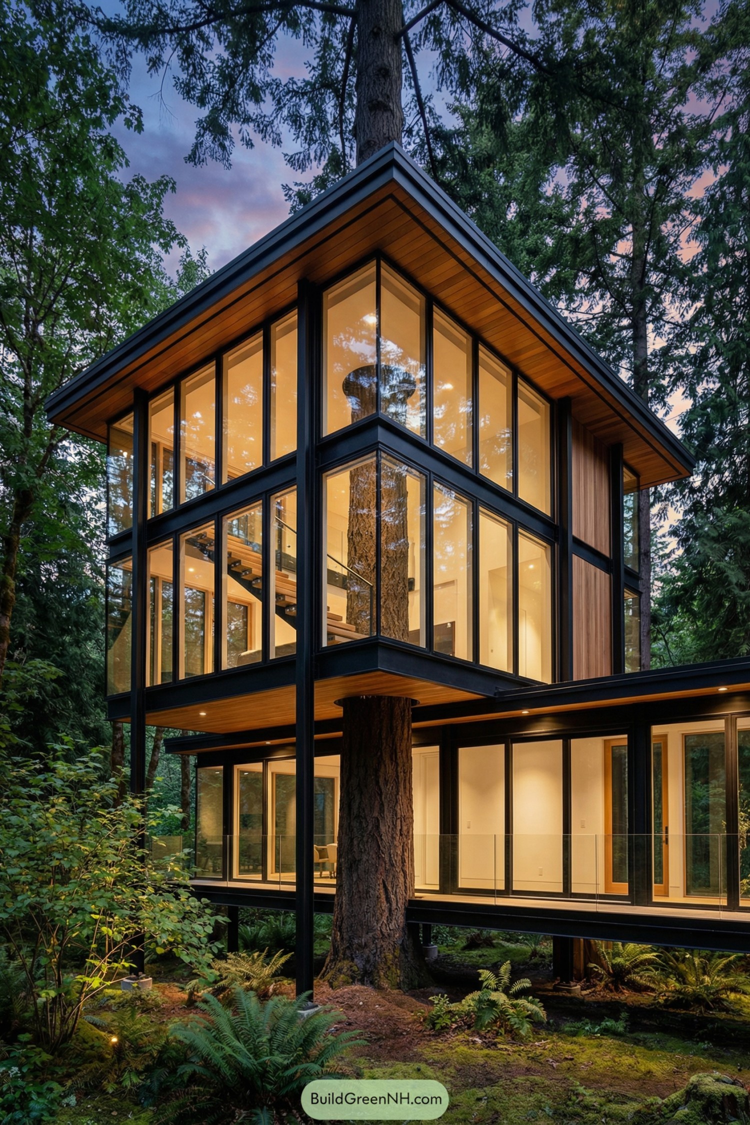 Modern glass treetop home with steel frame