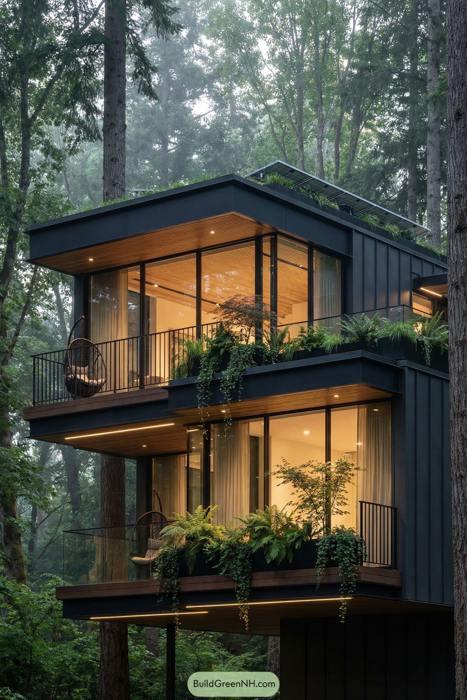 Modern glass treetop house with layered terraces and lush planters