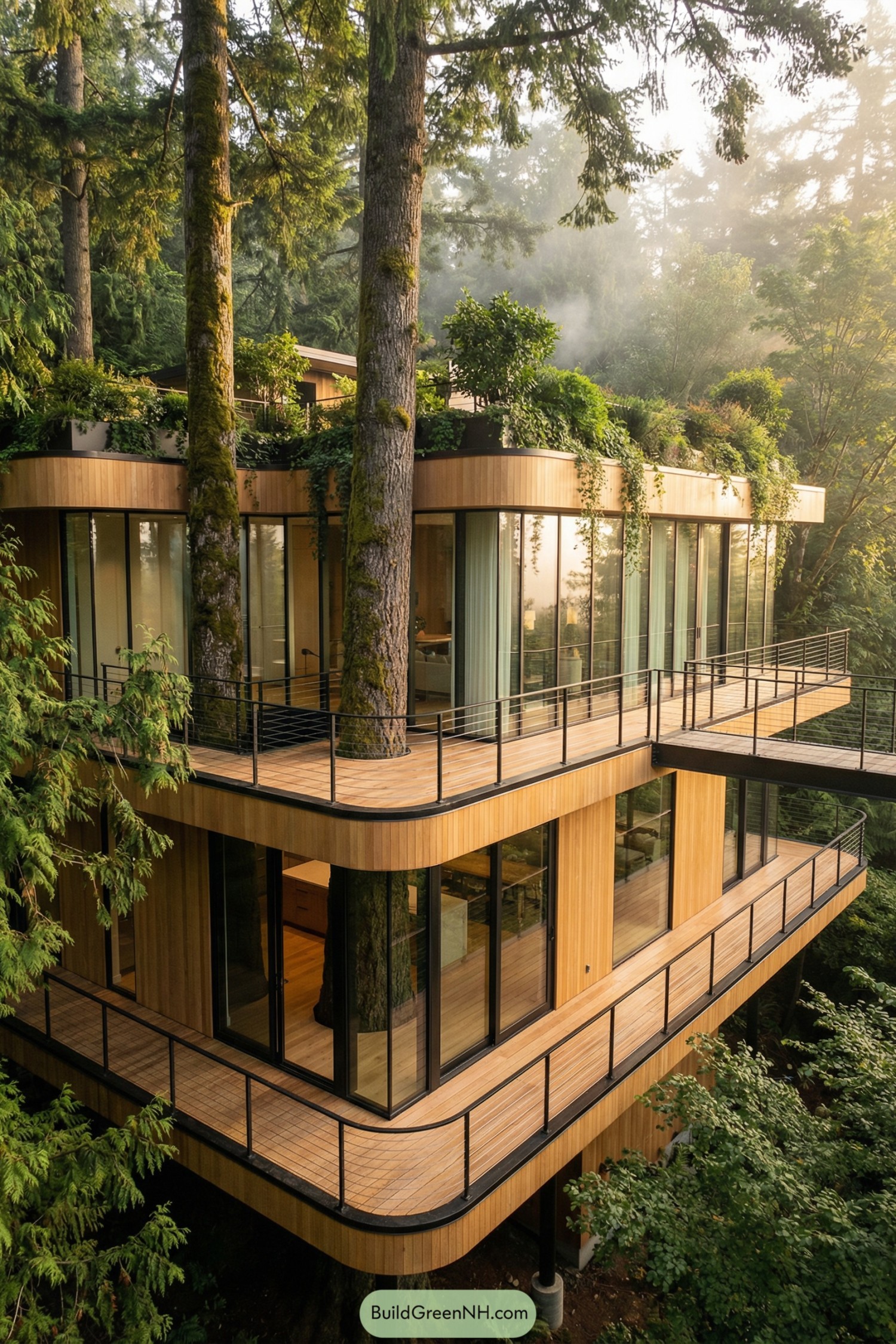 Multi-level timber treetop home with wraparound decks and rooftop garden