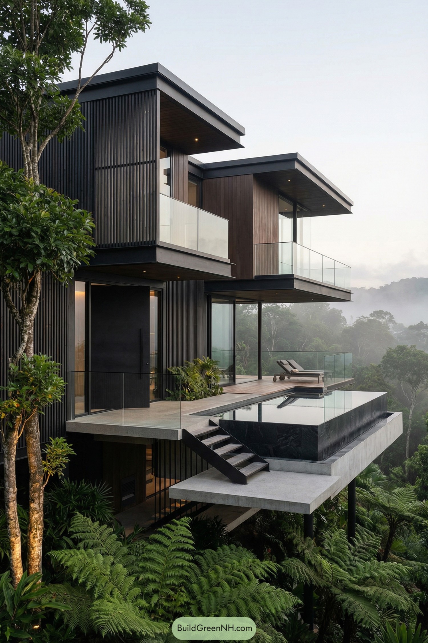 Modern treetop house with glass terraces and infinity pool