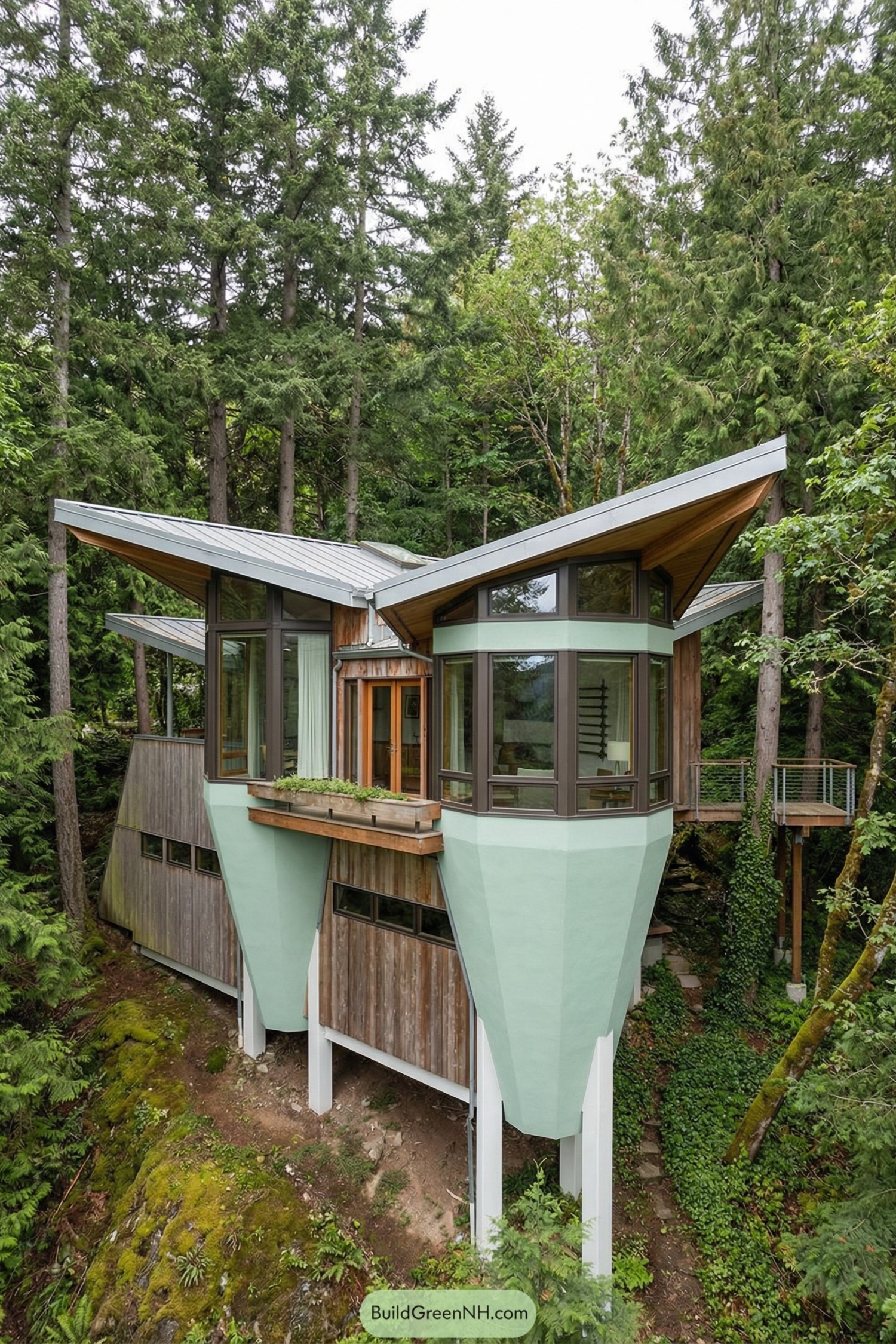 Angular treetop house with mint pylons and glass