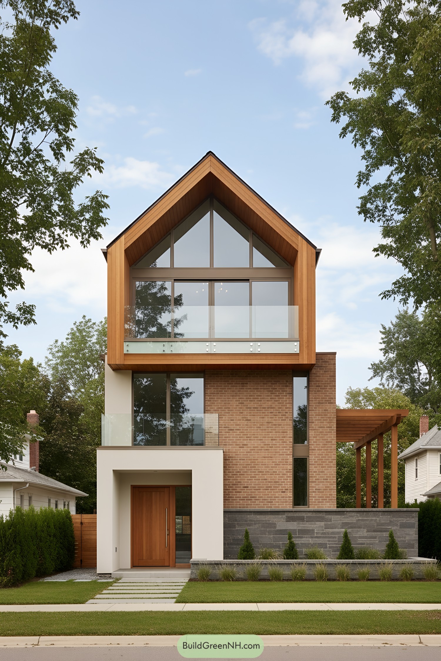 Modern gabled house with brick, wood, and large glass facade