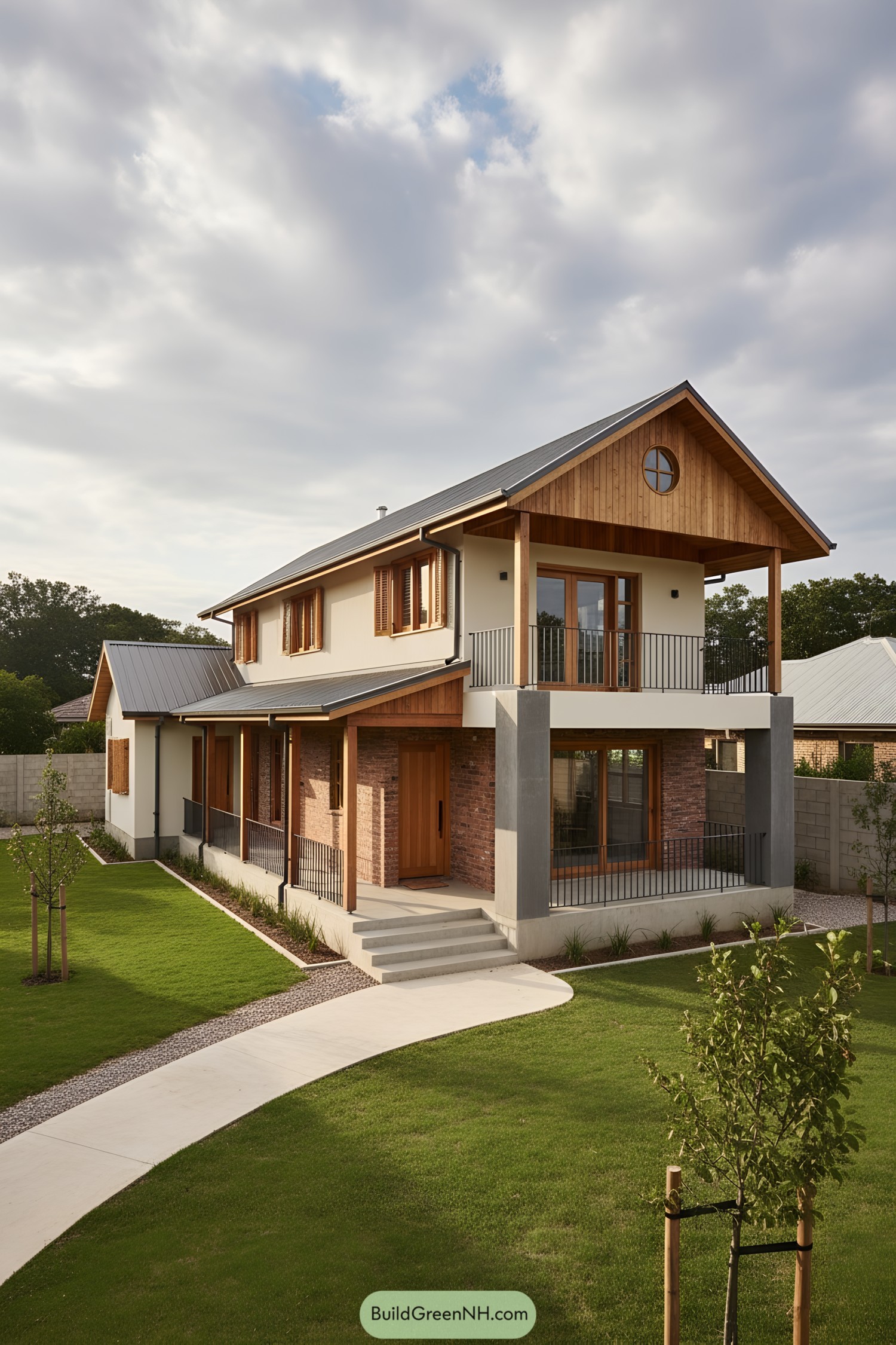 Two-story house with timber gables, brick base, and wraparound porches