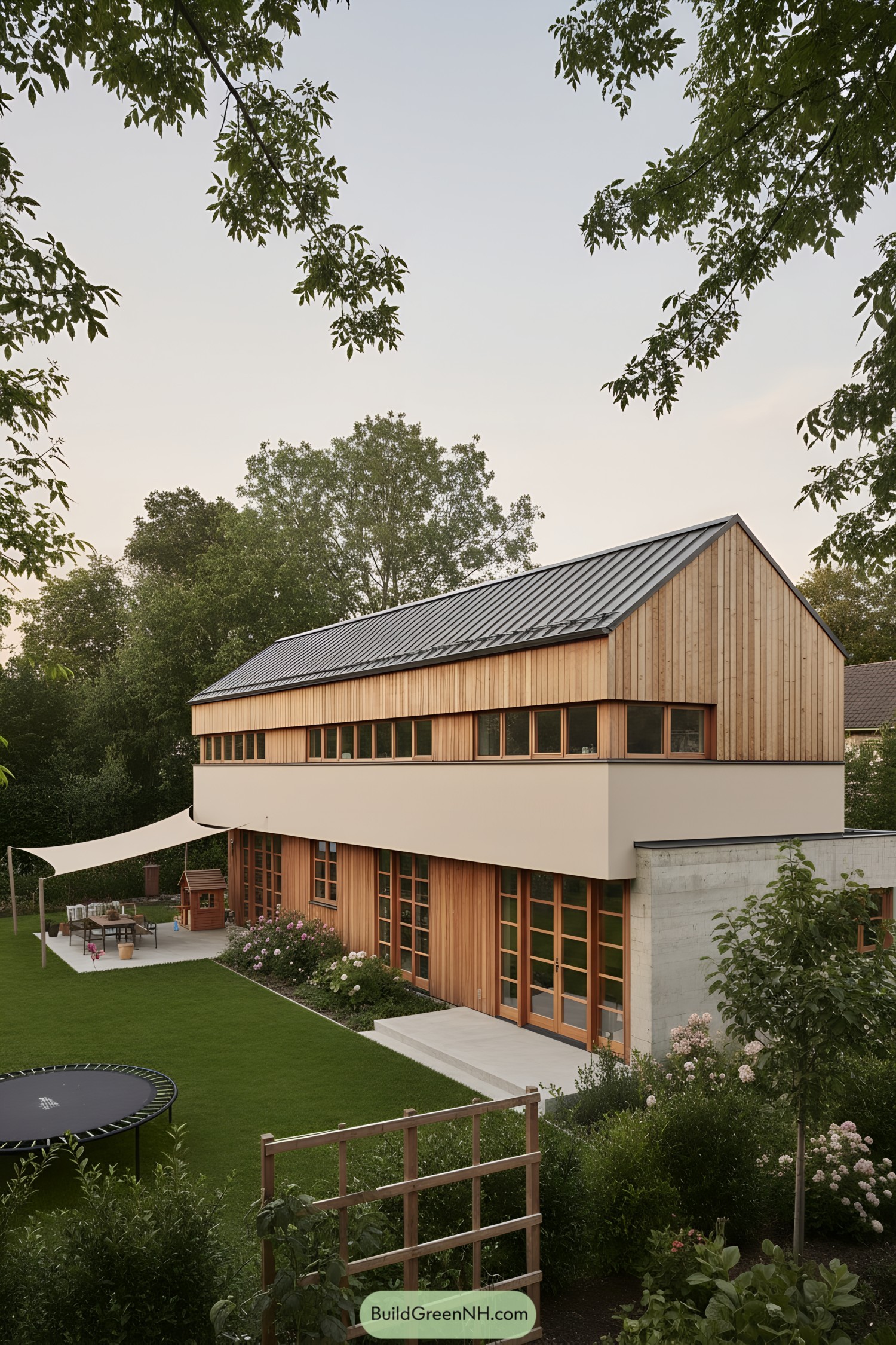 Modern timber-clad house with metal gable roof and garden patio