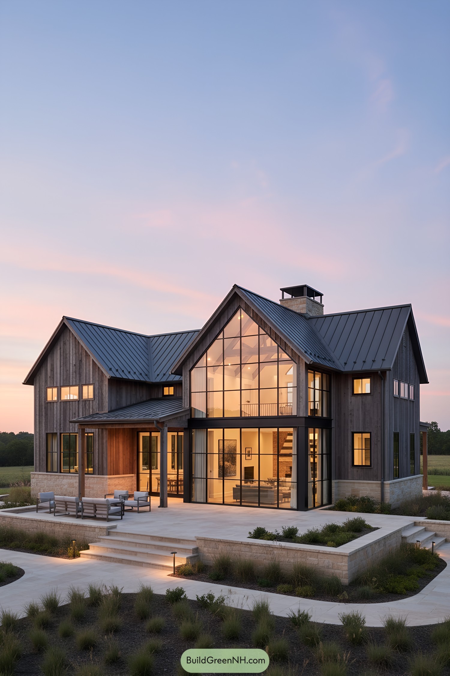 Modern farmhouse with tall glass gable