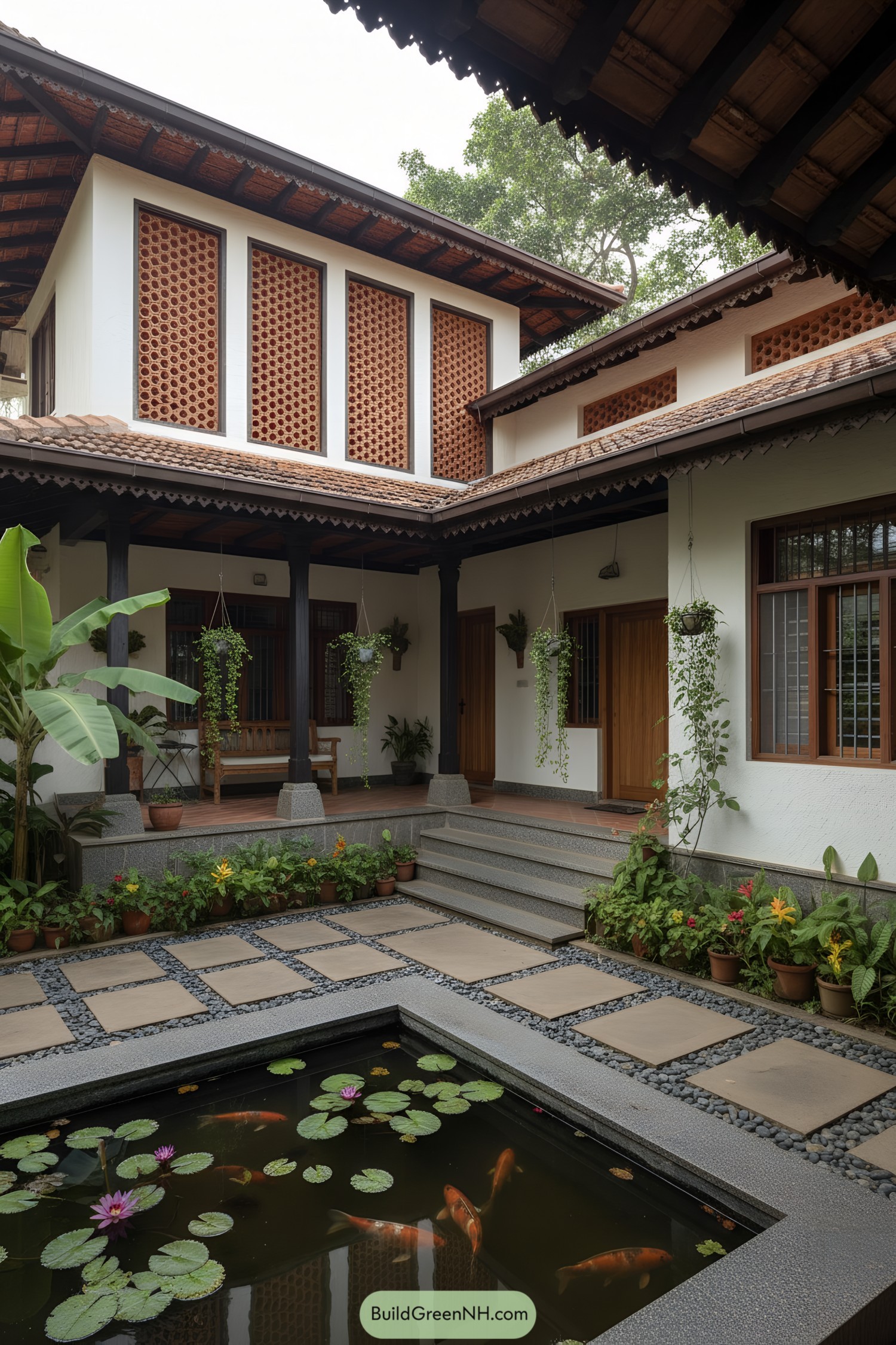 Open courtyard with koi pond, terracotta jali, and timber eaves