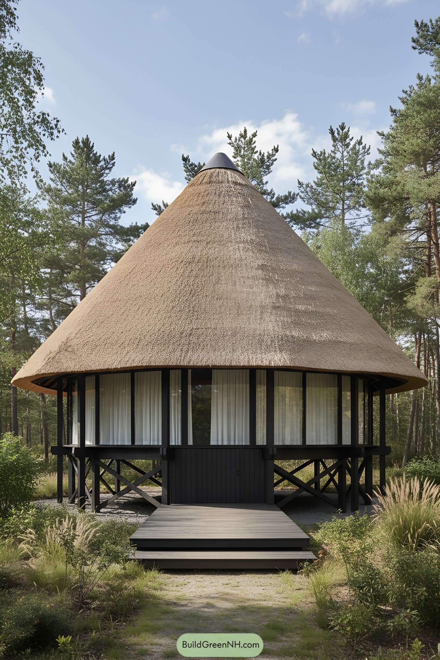 Circular hut with tall thatched cone roof