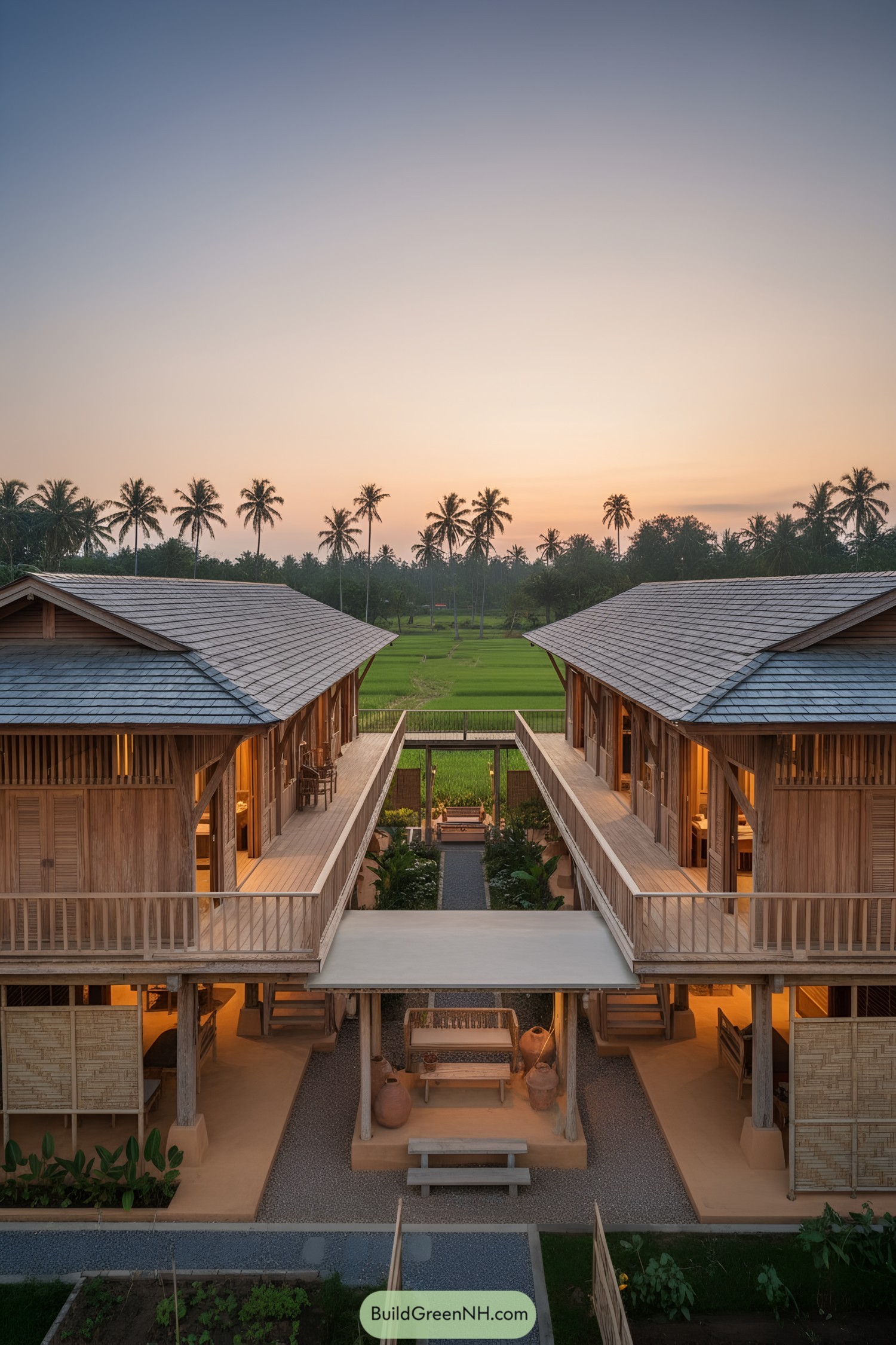 Two-story timber compound with central breezeway at sunset