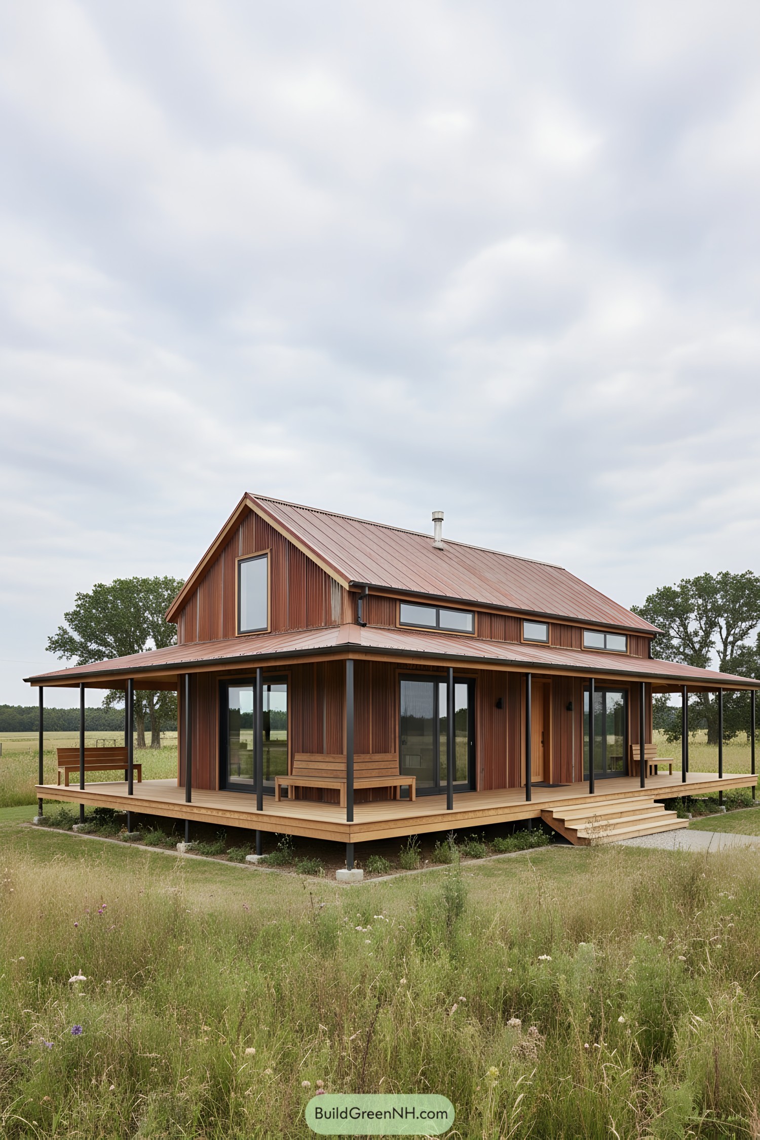 Modern farmhouse with metal roof and wraparound deck