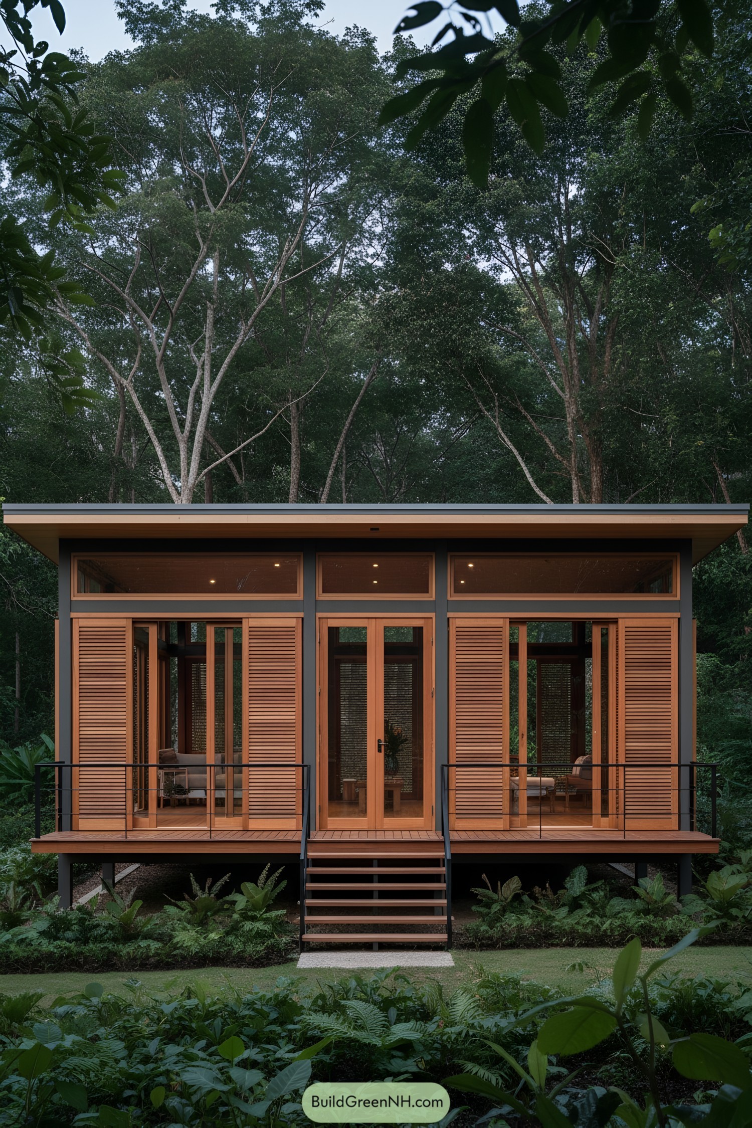 Small stilted cabin with tall wood shutters and glass, nestled in lush trees