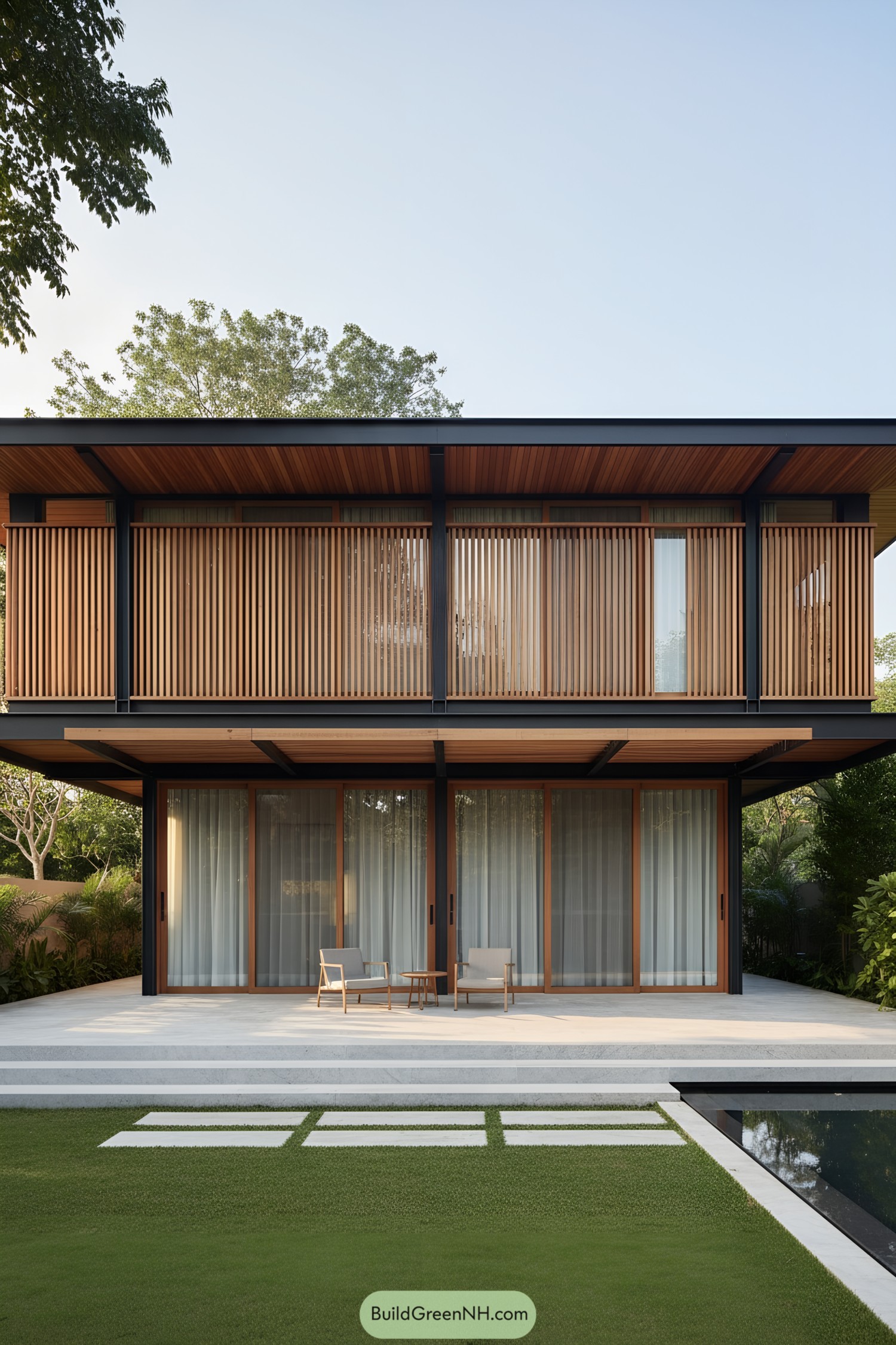 Two-story modern house with timber slat screens and large sliding glass doors facing a patio and lawn