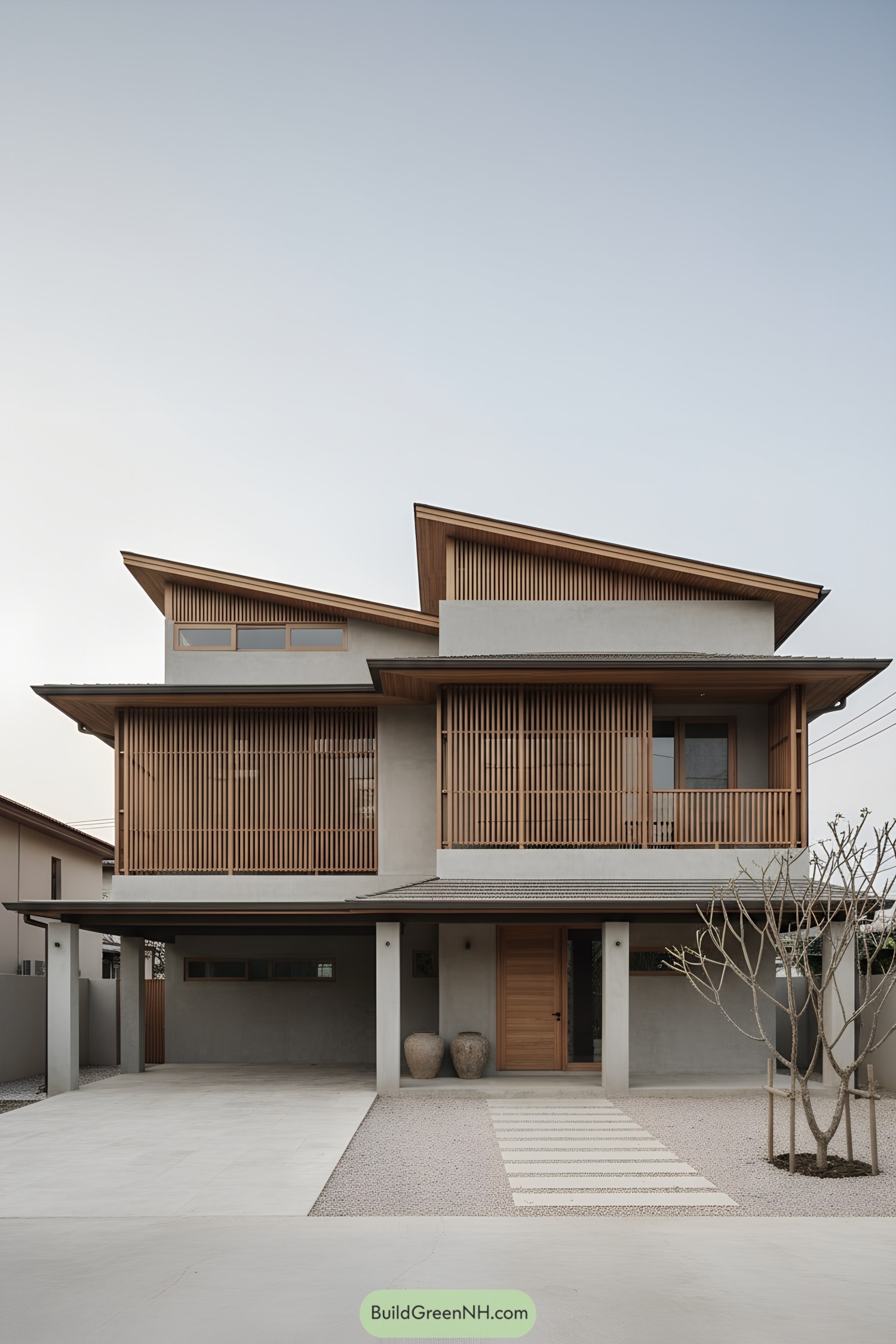 Two-story house with slatted wood screens and layered shed roofs