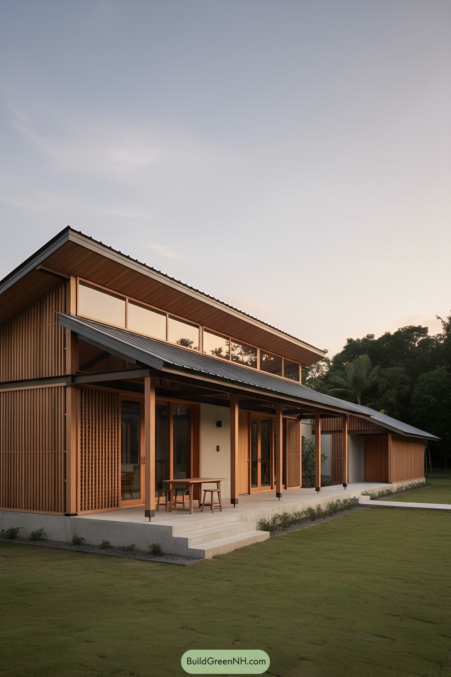Timber-clad modern house with deep eaves and clerestory windows at dusk