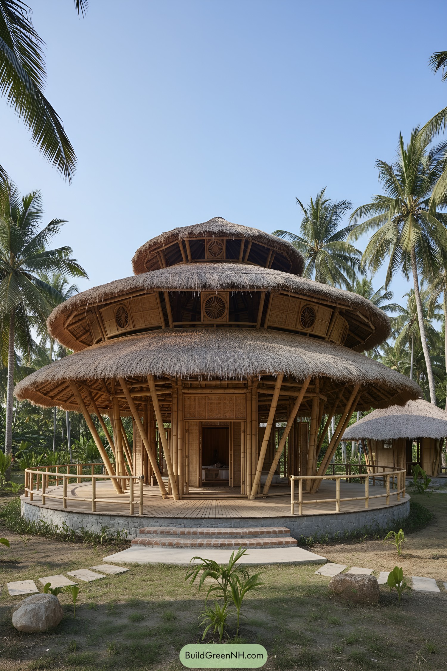 Round bamboo house with tiered thatch roof