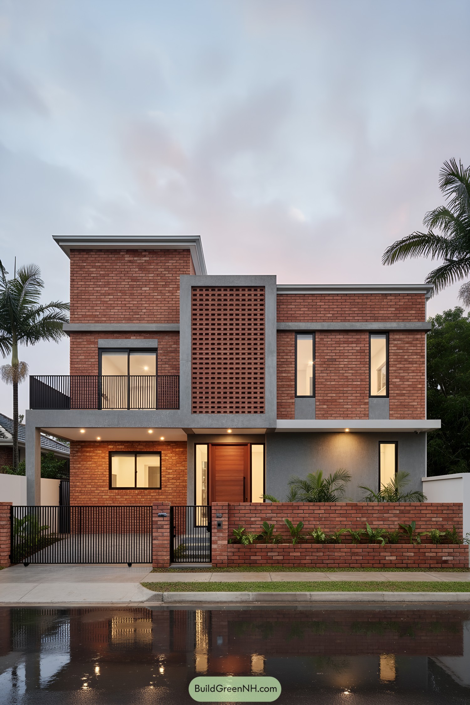 Two-story modern house with red brick, breeze-block screen, and flat roofs