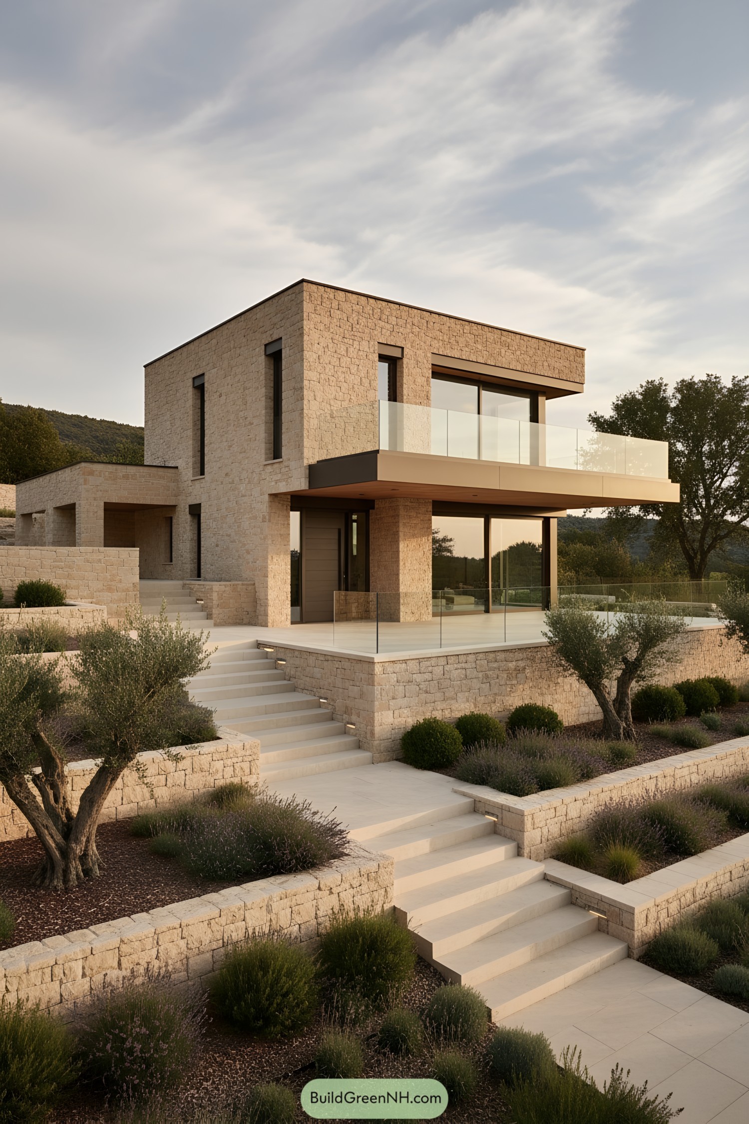 Two-story stone house with glass balustrades and terraced garden steps