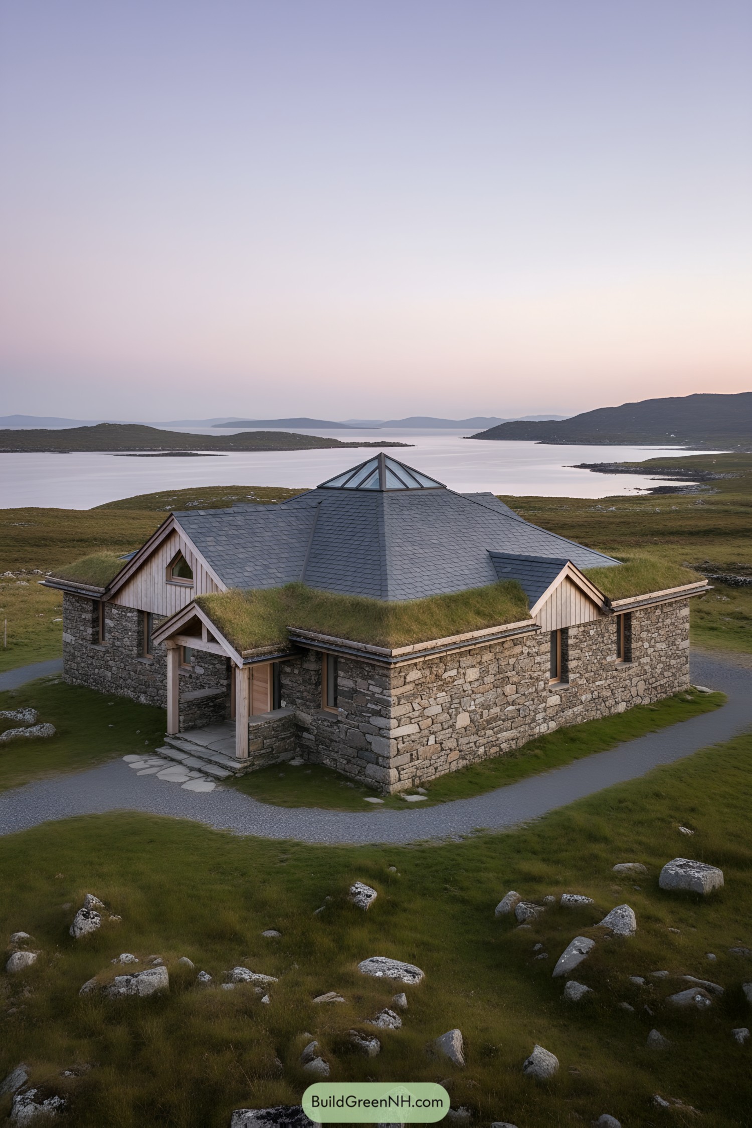 Grass-roofed stone cottage with central skylight by a coastal moor