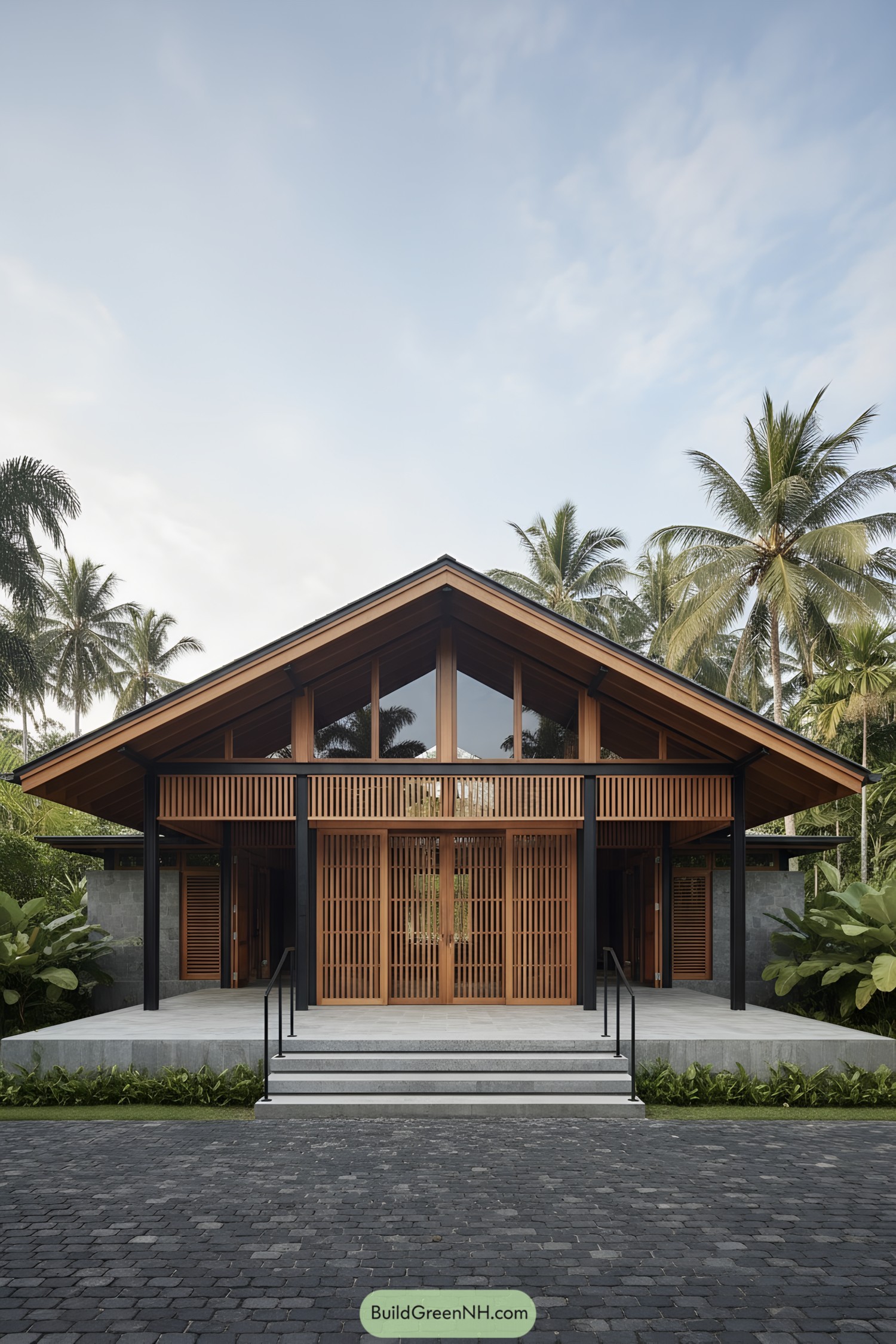 Tropical house with slatted wood facade and deep overhangs