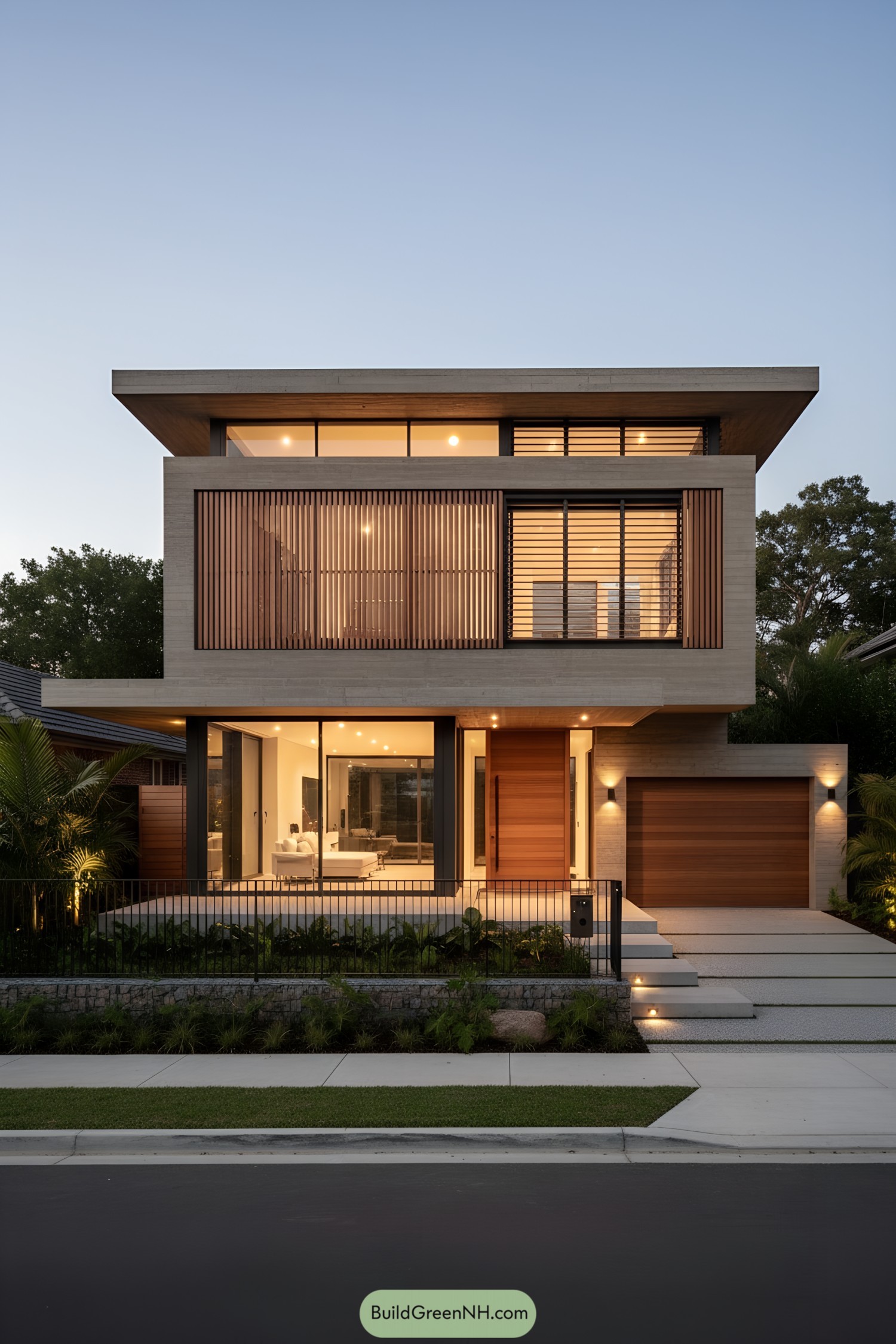 Two-story modern house with broad concrete eaves and warm timber slat screens, glowing at dusk. Large glass panels open to a front terrace with a cedar entry and integrated garage