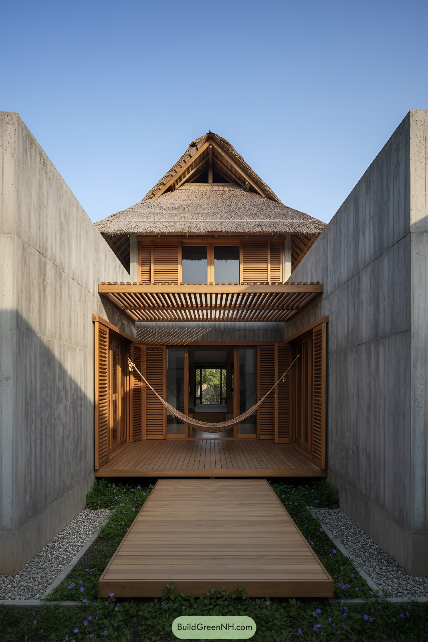 Wooden courtyard with hammock between shuttered rooms and thatched gabled roof framed by concrete walls
