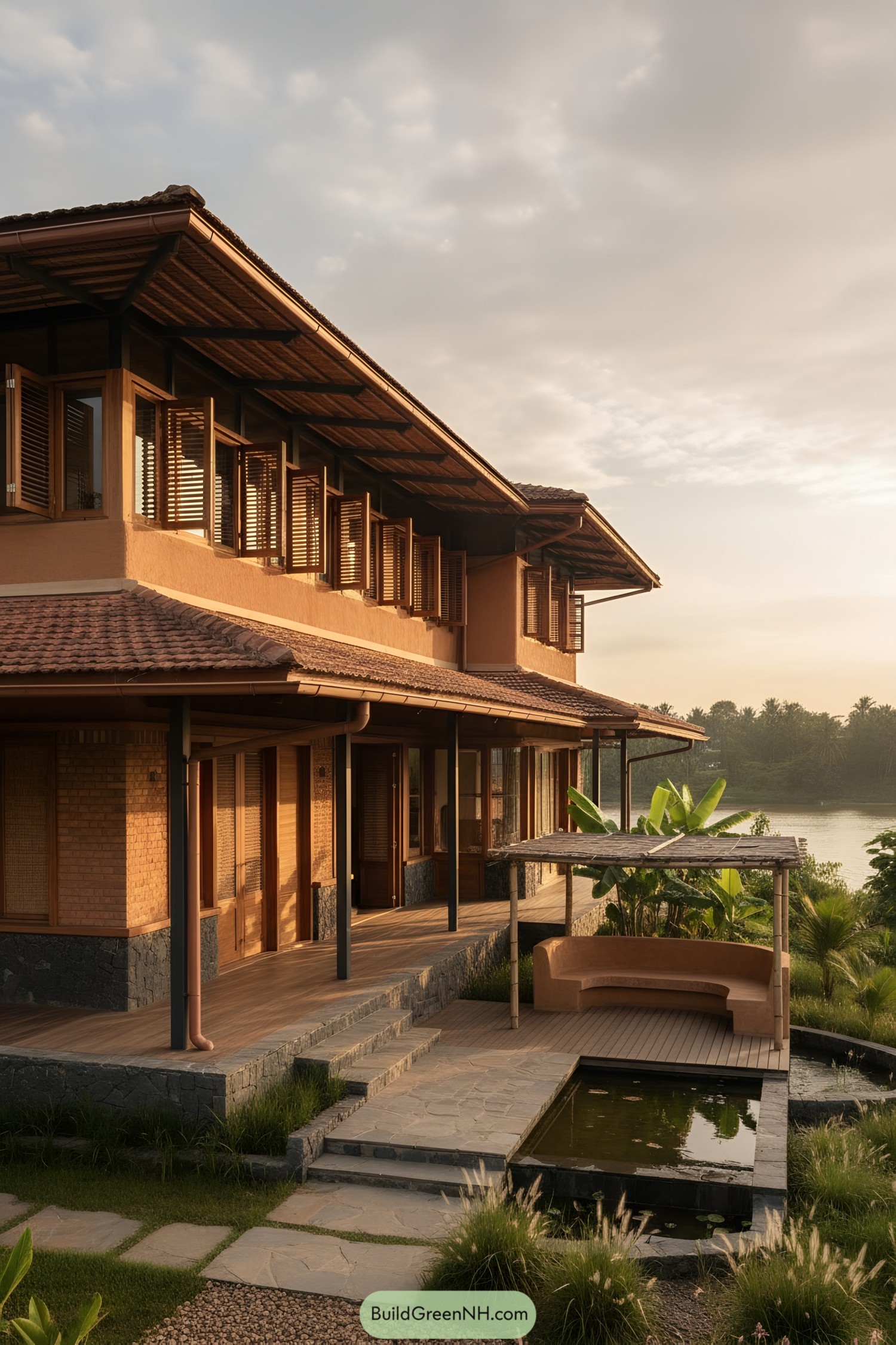 Two-story tropical house with wide eaves, timber shutters, and wraparound veranda beside a small pond