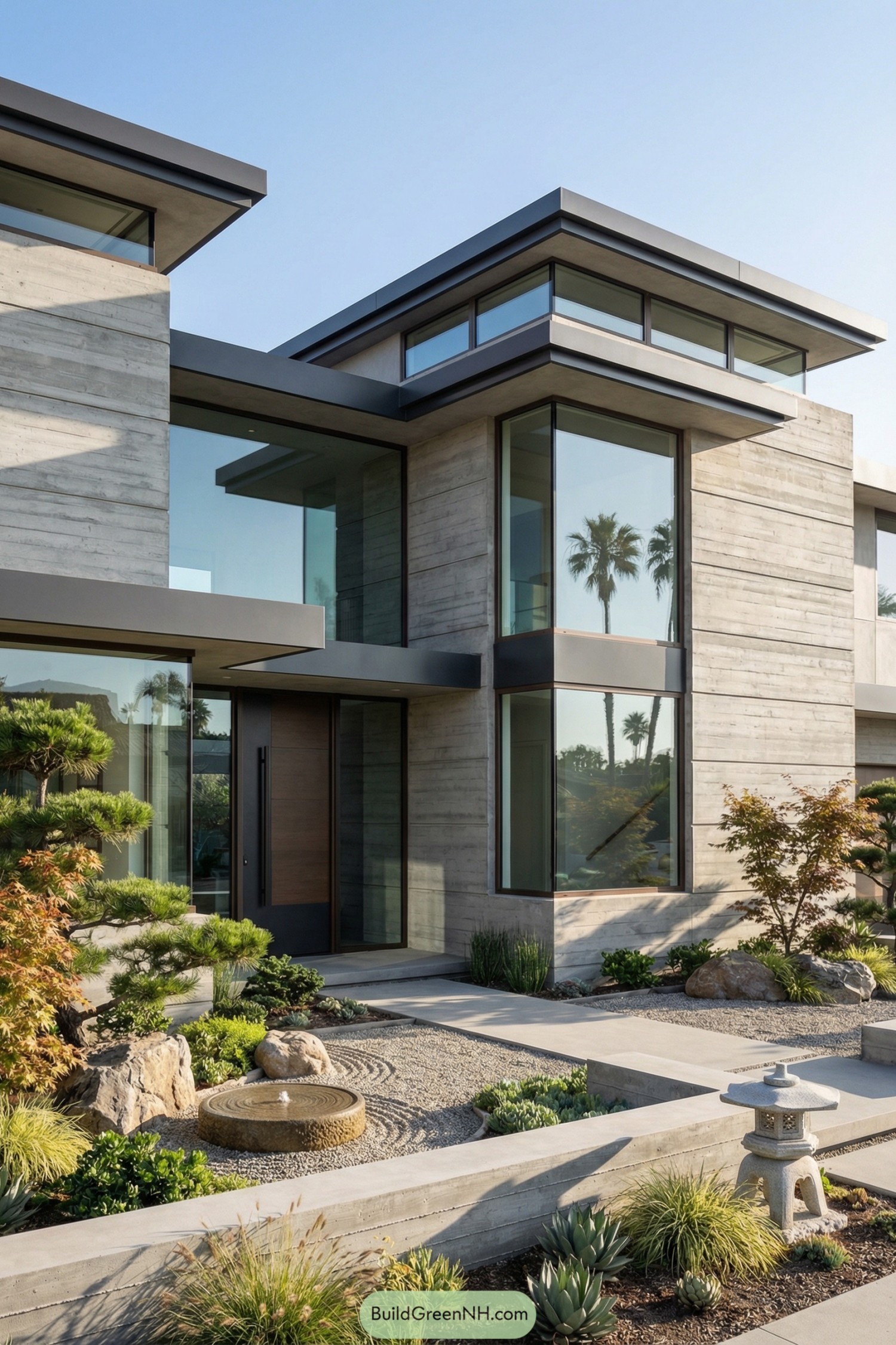 Concrete and glass modern home with zen gravel courtyard and low plantings