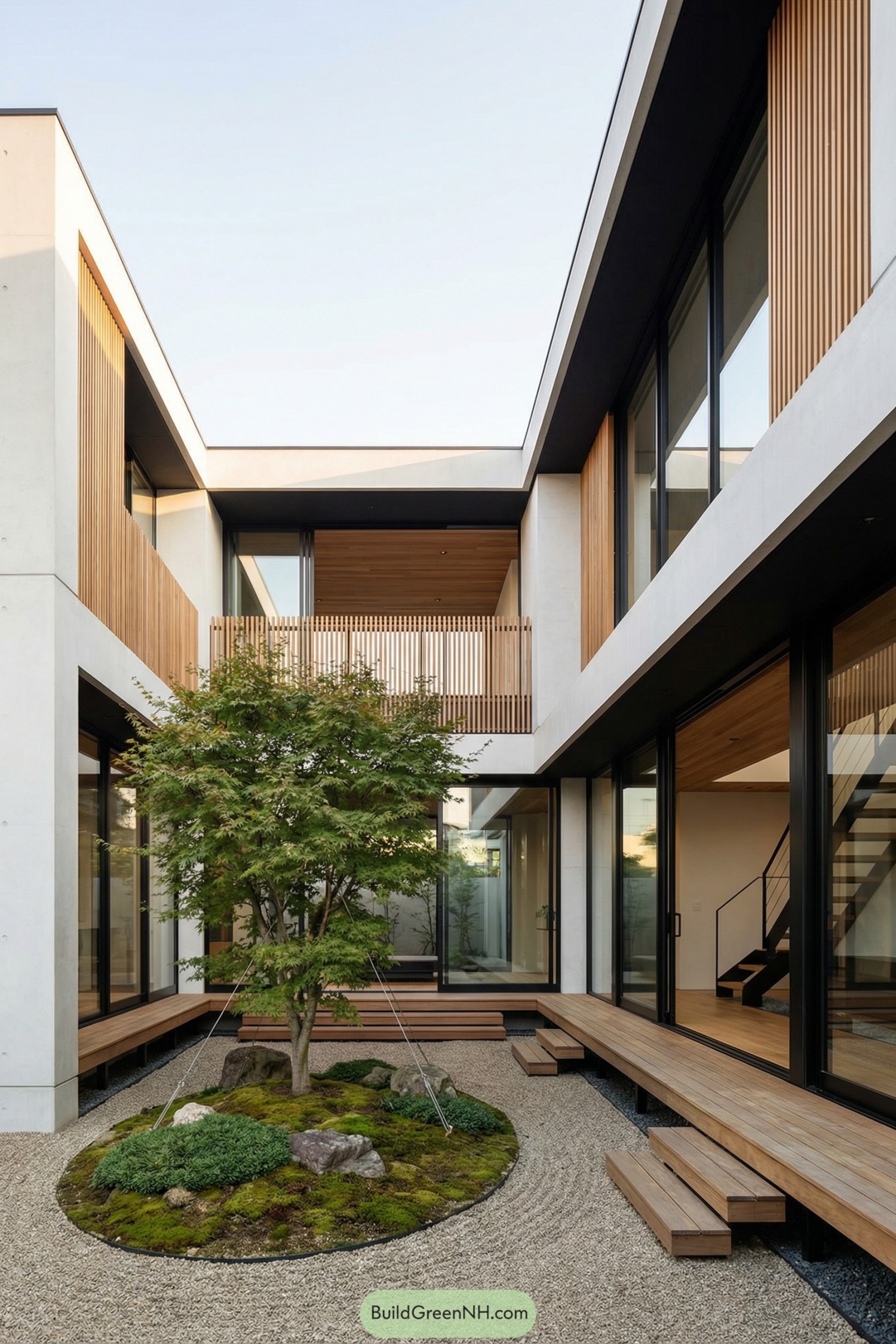 Minimalist concrete courtyard with maple tree and wood screens