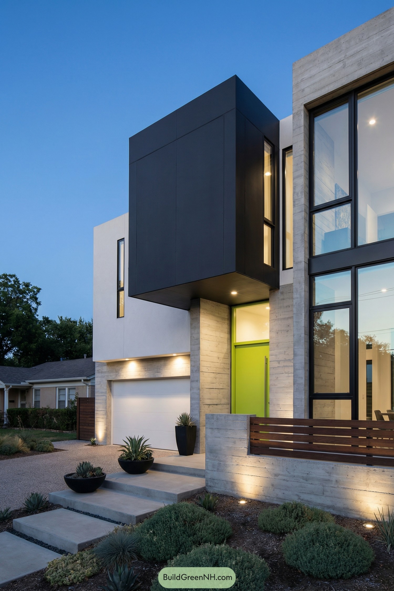 Modern concrete home with bold black cantilever, lime green entry, and large glass panels at dusk