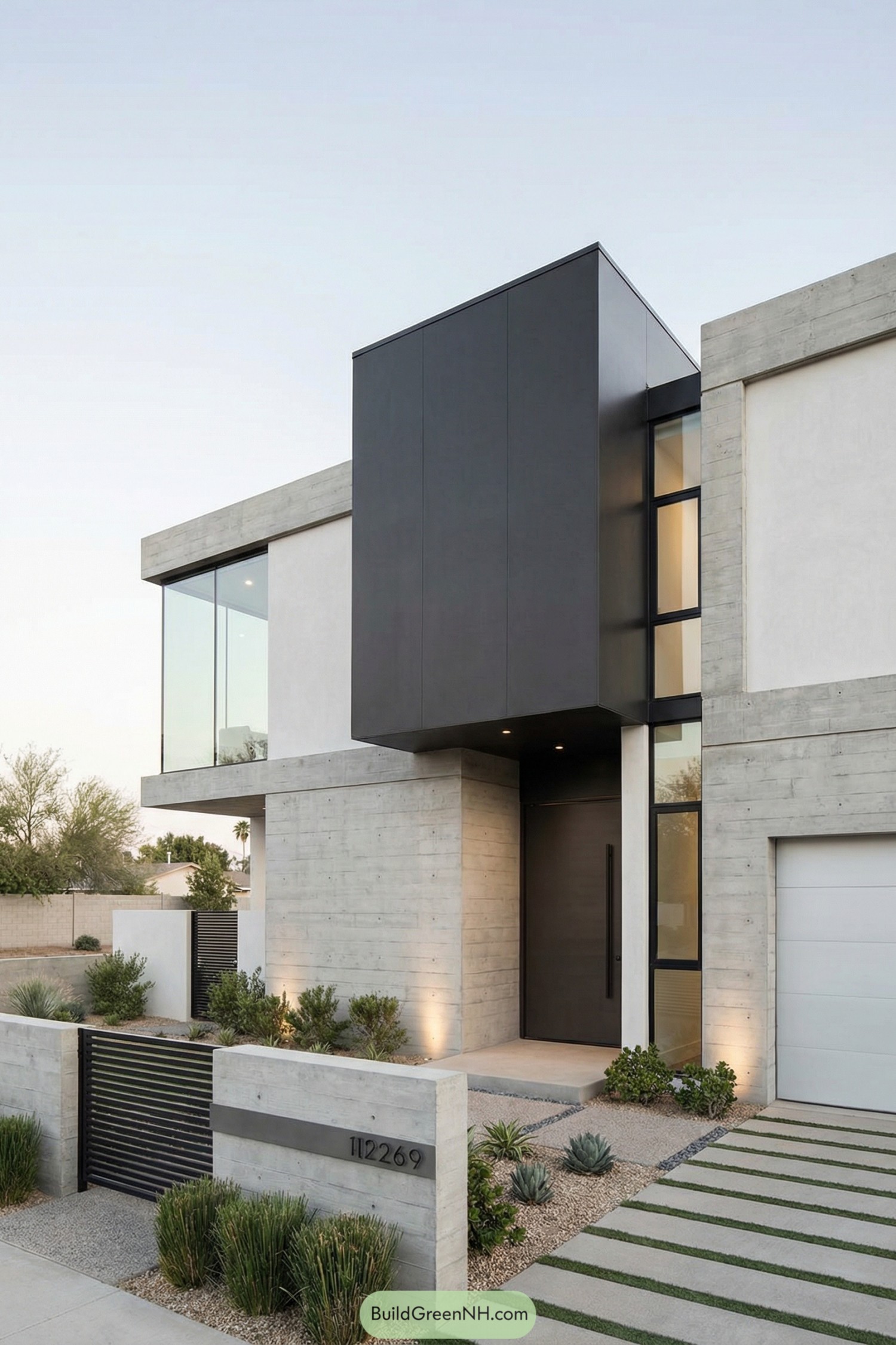 Minimalist concrete home with black volume and glass