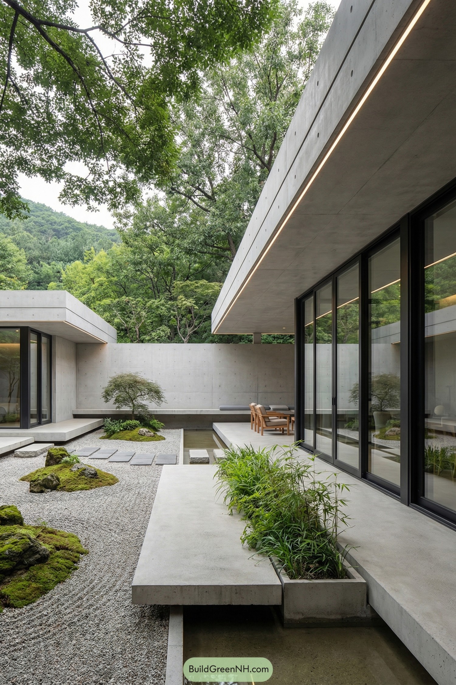 Minimalist concrete courtyard with gravel, water, and glass walls