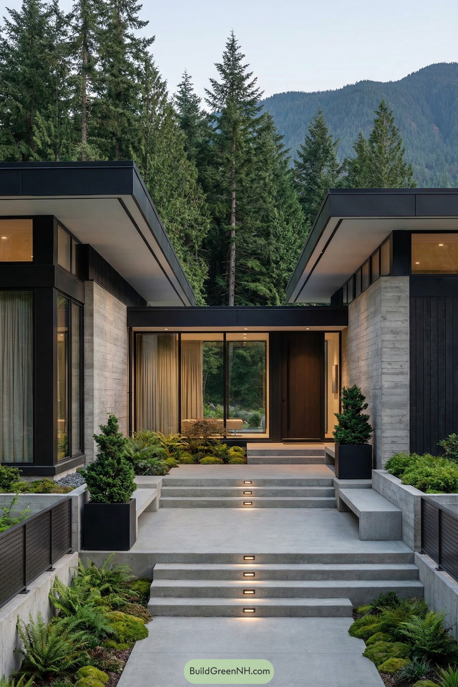 Minimalist concrete entry with warm recessed lighting