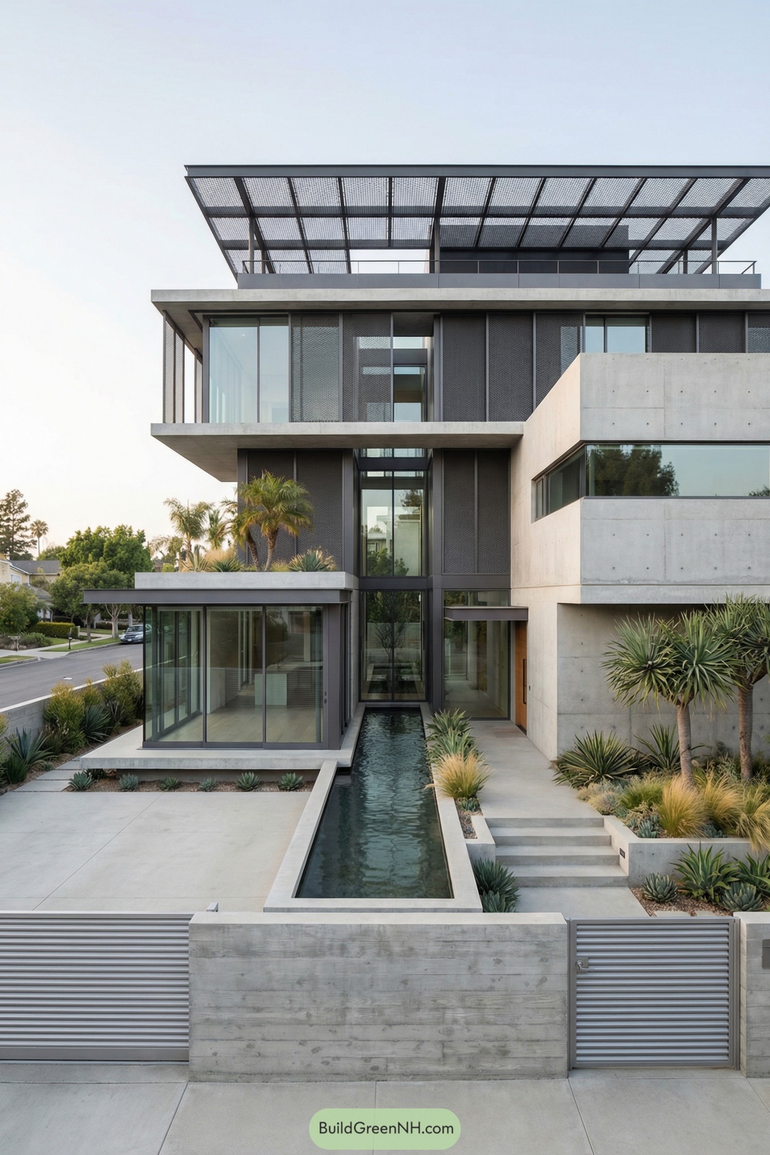 Minimalist concrete home with glass walls and linear reflecting pool