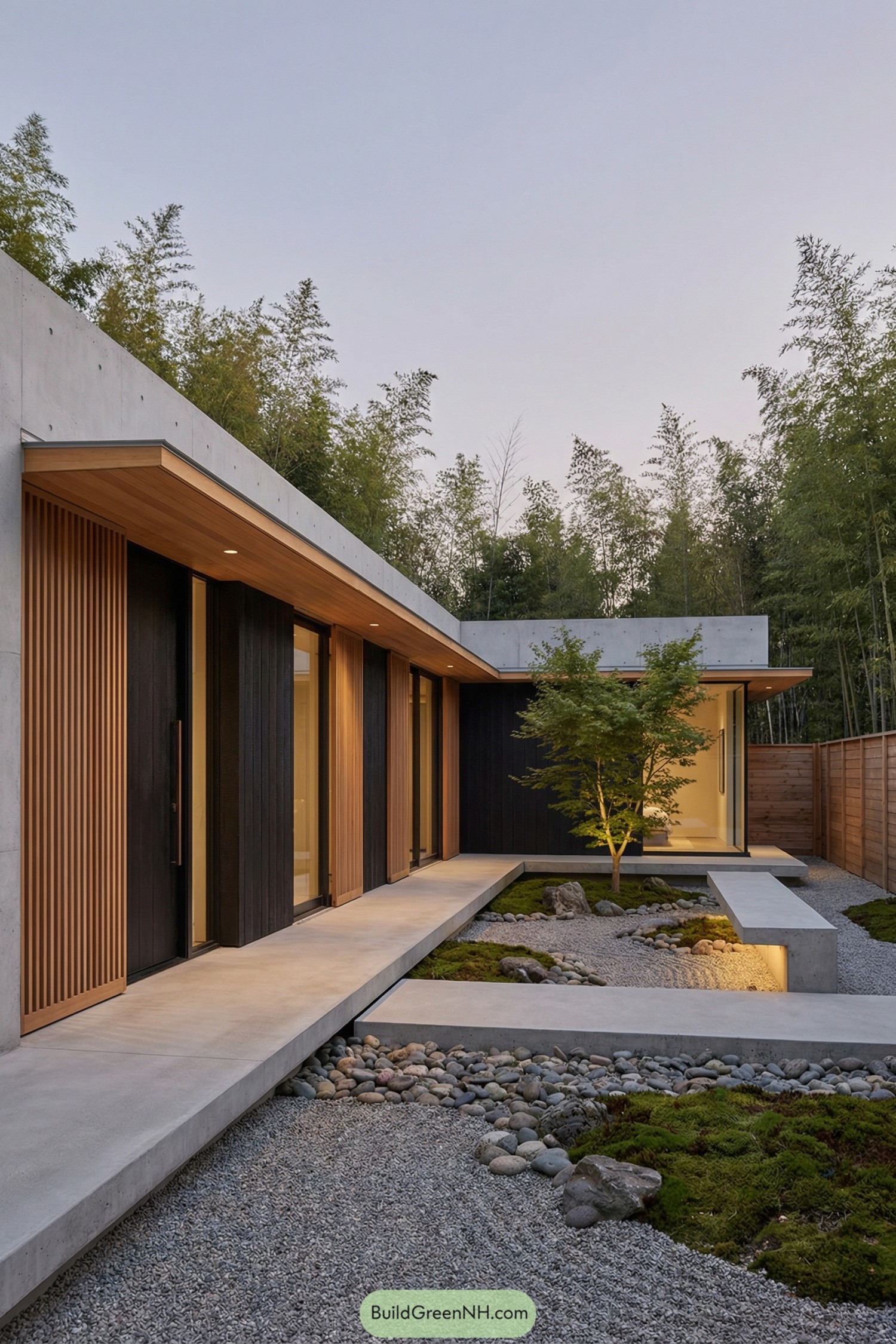 Minimal concrete courtyard with timber screens and a small maple tree at dusk